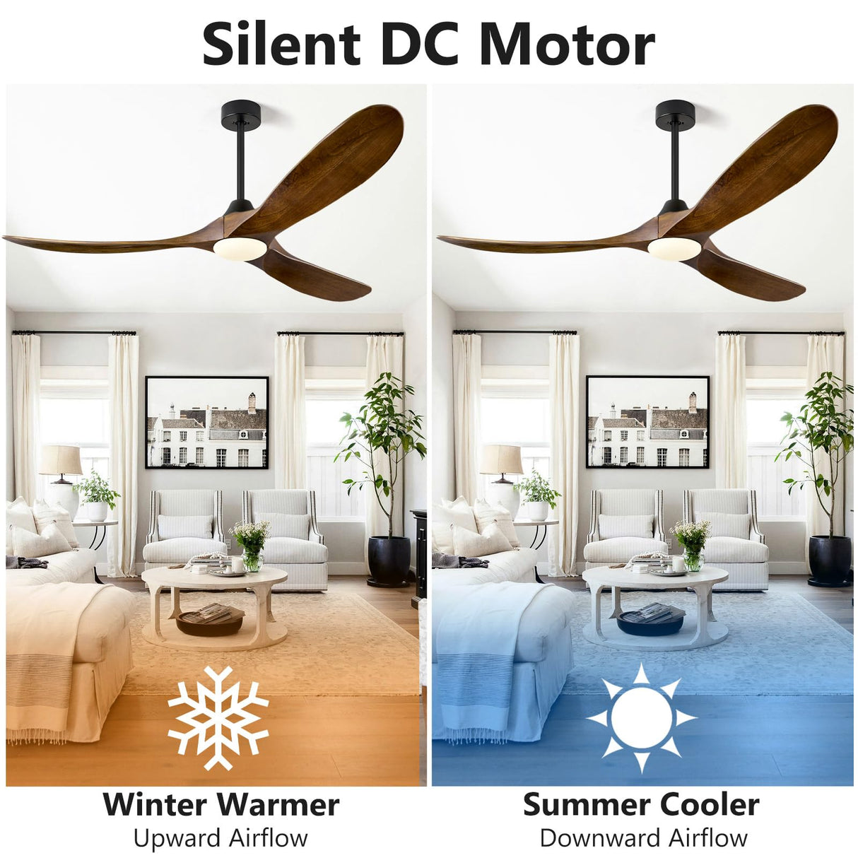 ABZ Ceiling Fans with Lights - 60 inch Propeller Ceiling Fan with Remote Control, 3 Blades Walnut Solid Wood Ceiling Fan for Indoor Outdoor Patio Bedroom Living Room Kitchen ABZ