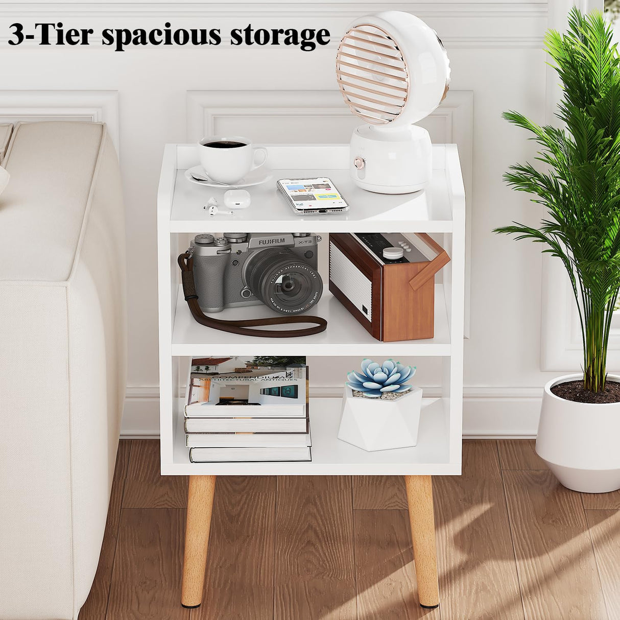 LUCKNOCK Night Stand, Modern Bedside Tables, Mid Century Nightstands with Open Storage Shelf, Wood Bedside Table, Small Night Stands for Bedroom, 3-Tier Night Table, White. LUCKNOCK