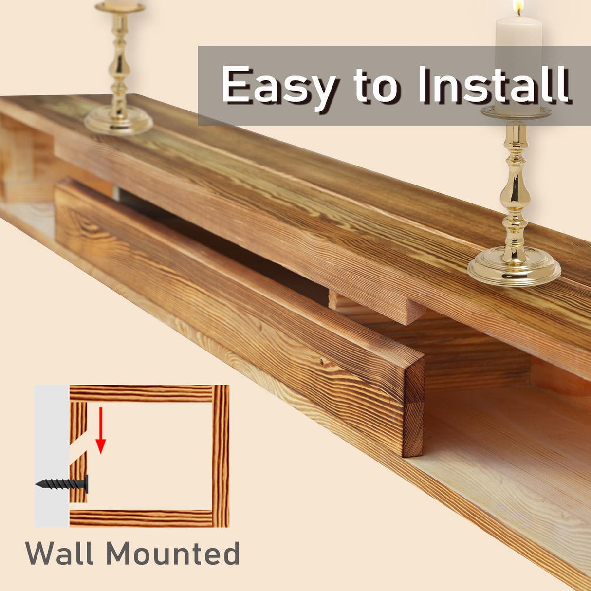60 Inch Fireplace Mantel, Farmhouse Floating Fireplace Mantle, Wall Mounted Solid Rustic Wood Shelf, with Groove for Better Fireplace Decor and Frame Display (60" W x 8" D x 6" H) cenleoha