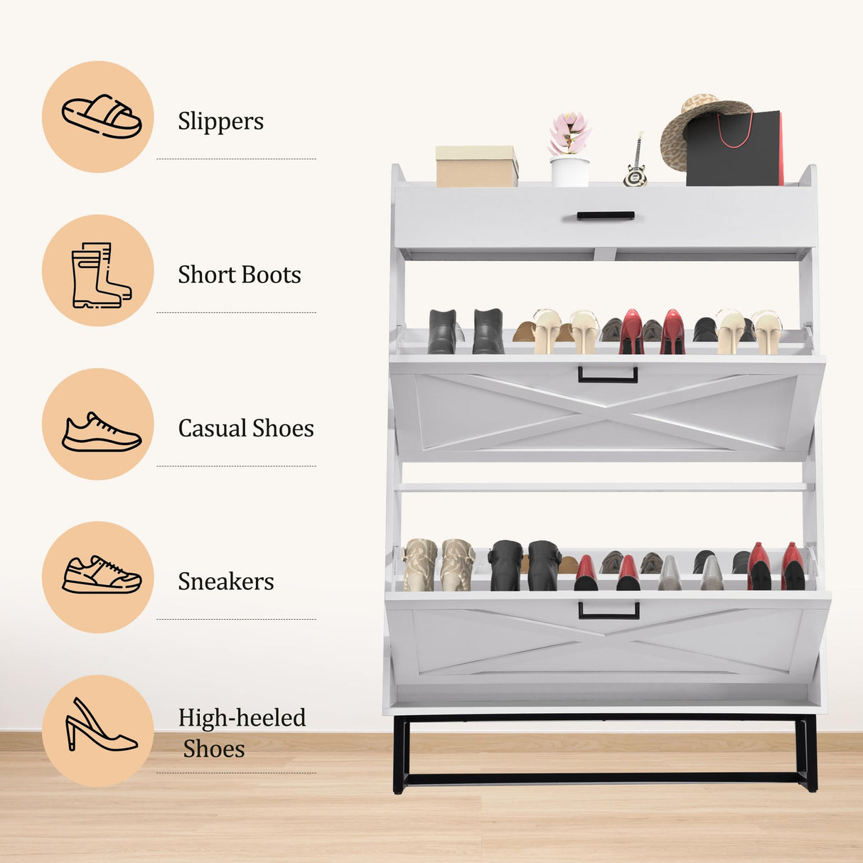 OneBlis Shoe Cabinet with 2 Flip Drawers, Freestanding Shoe Cabinet Organizer with Metal Legs, Wood Shoe Storage Cabinet for Entryway, Narrow Shoe Rack, White OneBlis