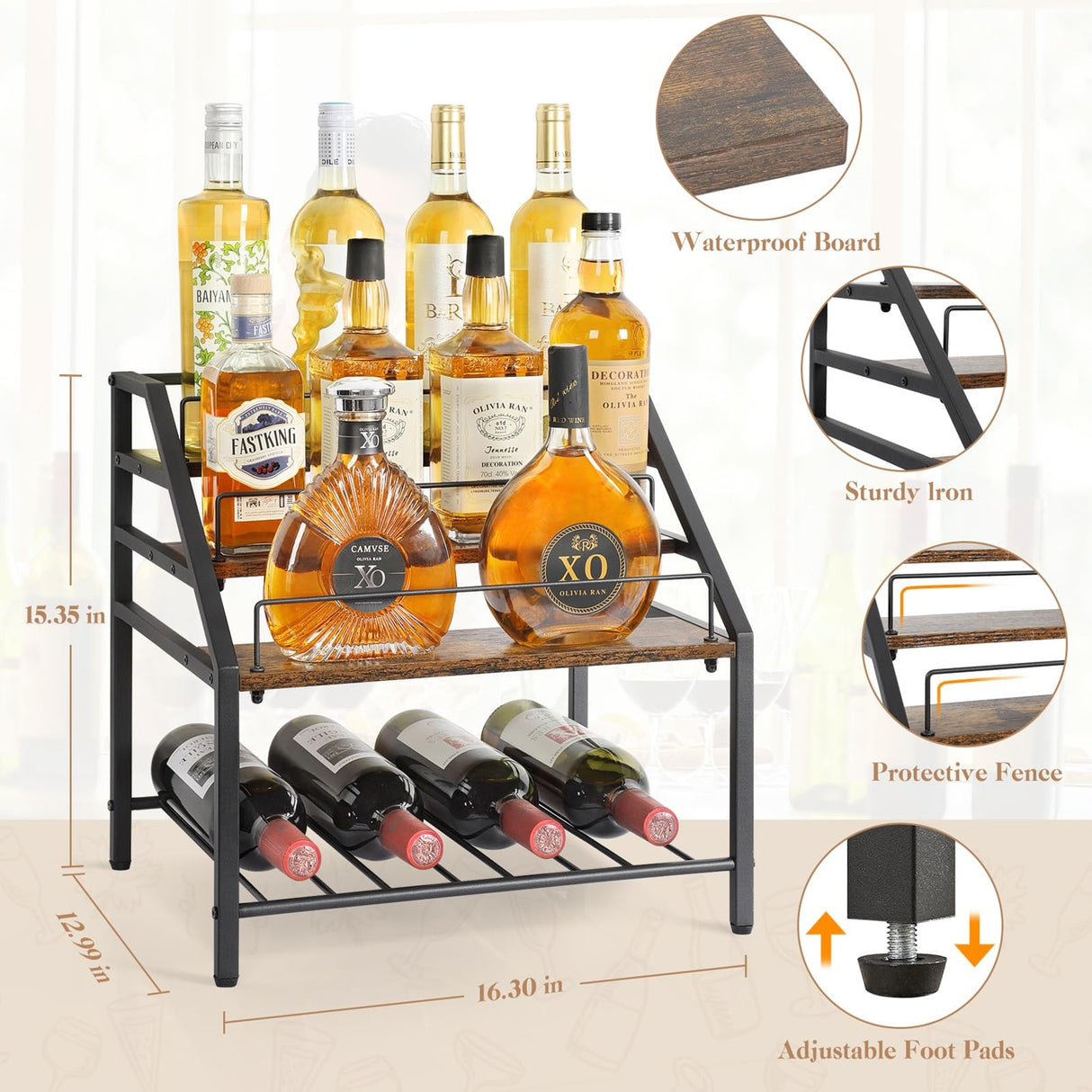 VINAEMO Wine Racks Countertop, 3-Tier Liquor Bottle Display Shelf, Coffee Syrup Organizer, Small Wine Rack, Wine Bottle Holder for Whiskey Bar, Retro Bar Shelves for Home Bar VINAEMO