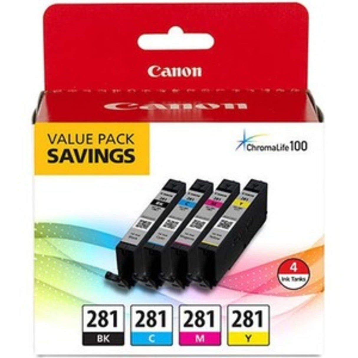 Canon CLI-281 Black, Cyan, Magenta and Yellow 4 Ink Pack, Compatible to TR8520, TR8620 Series, TS9120, and TS6210 Printers Canon