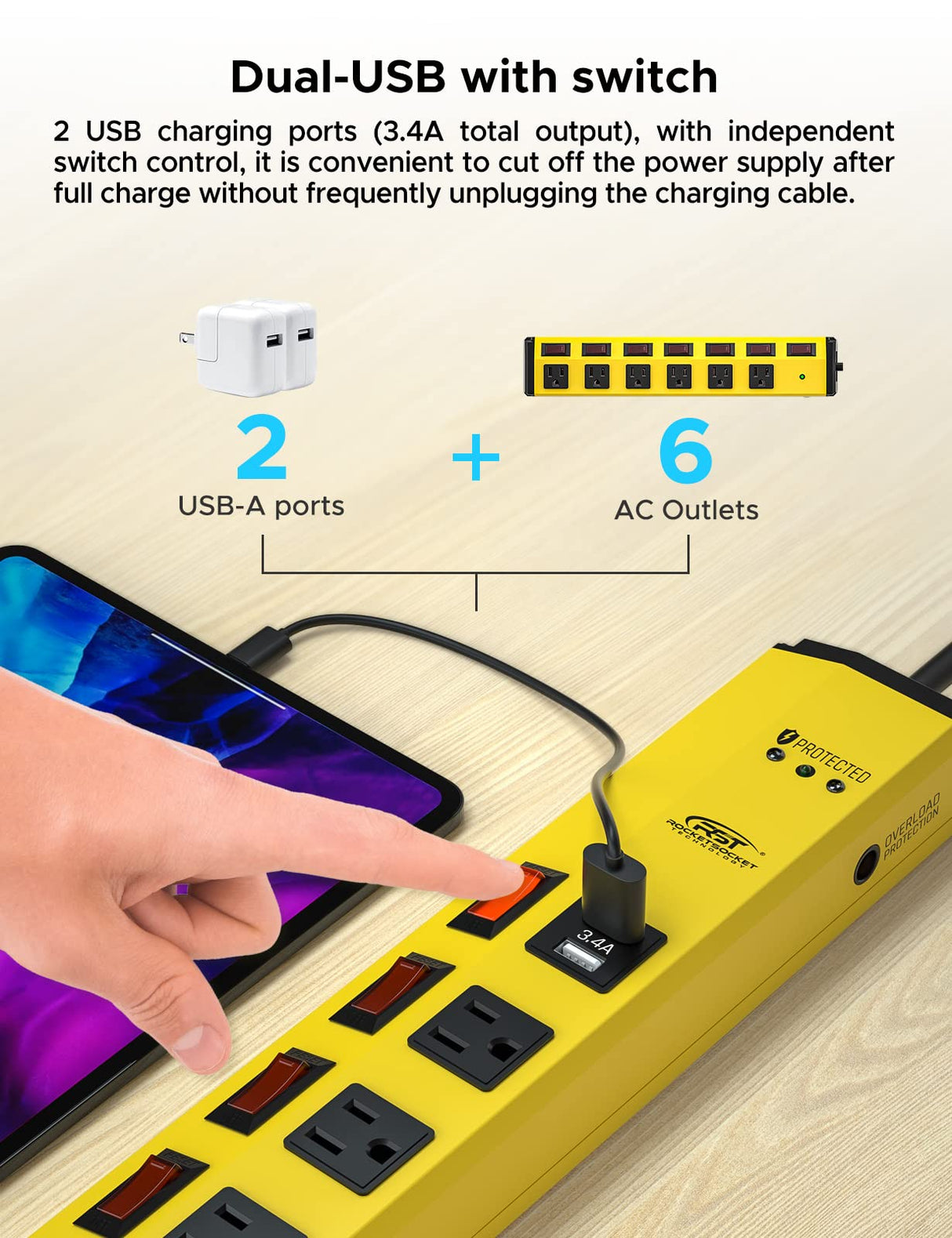 CRST 6-Outlet Heavy Duty Power Strip with USB and Individual Switches, 1200 Joules Metal Mountable Surge Protector Power Strip 15A Circuit Breaker, 6FT Extension Cord for Garage, Workshop, Home CRST