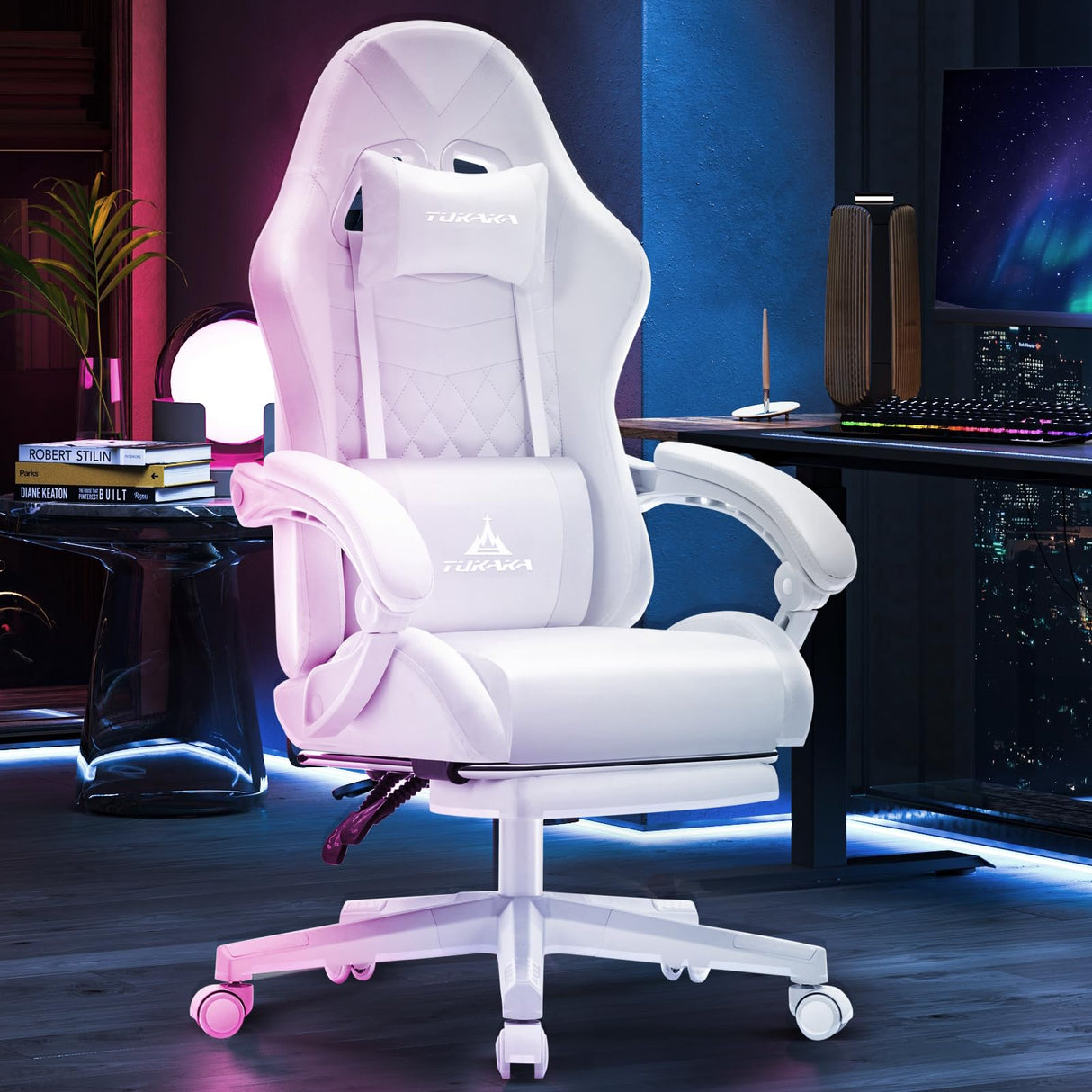 TUKAKA White Gaming Chair,Ergonomic Massage Computer Office Desk Chair with Footrest,Pocket Spring Cushion,Reclining Leather Adjustable Gamer Chair with Headrest and Lumbar Support,White TUKAKA