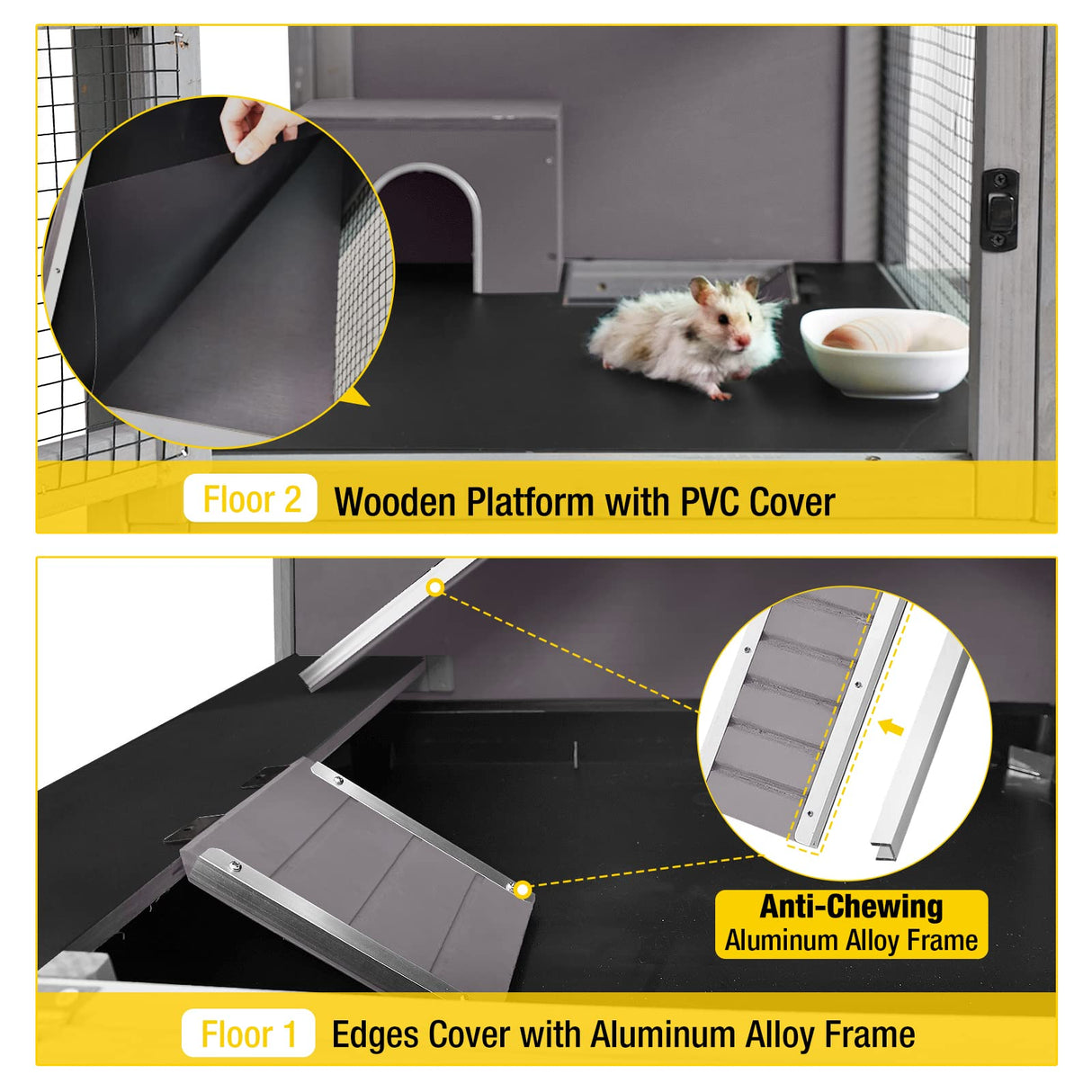 Aivituvin Guinea Pig Cage 2 Levels Wooden Rabbit Hutch with 2.36”Deeper Anti-Chewing Pull Out Tray Rat Cage with Hideout,Aluminium Alloy Edge… Aivituvin