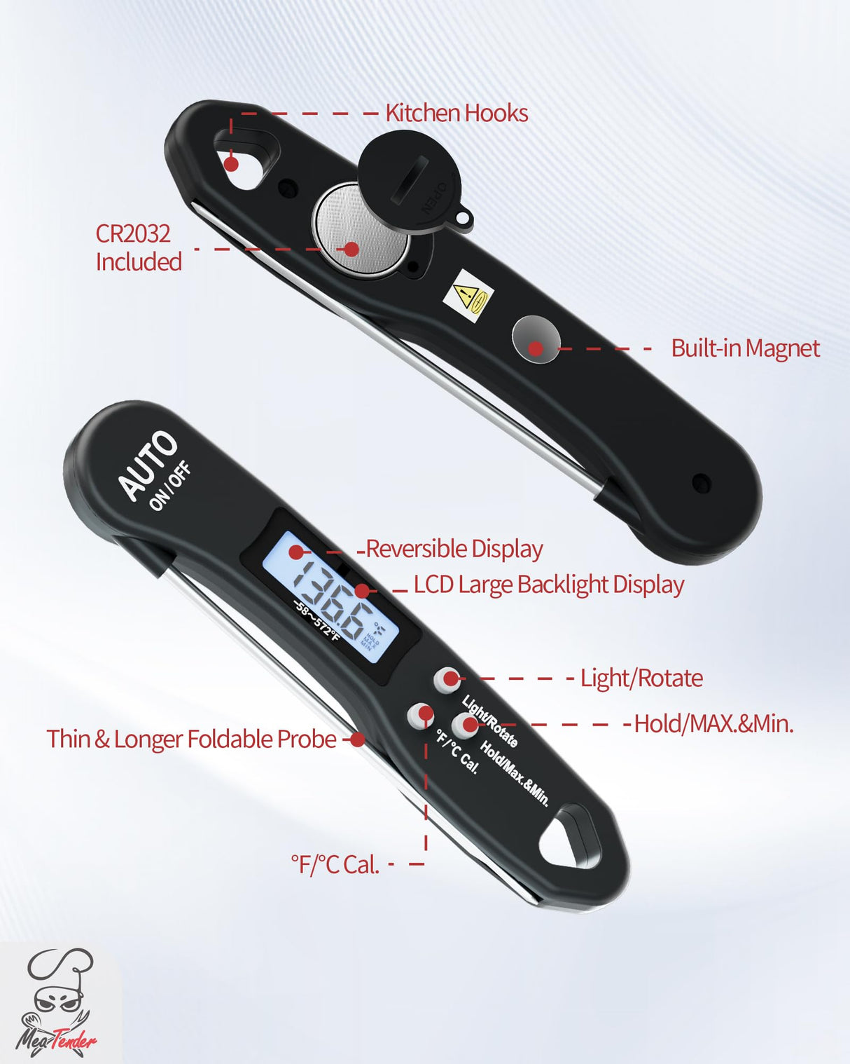 Digital Meat Thermometer for Grilling and Cooking - Instant Read Food Thermometer with Backlight & Inverted Display, for Kitchen, Deep Fry, BBQ, Grill, Baking, Bread, Sourdough, Candy Meatender