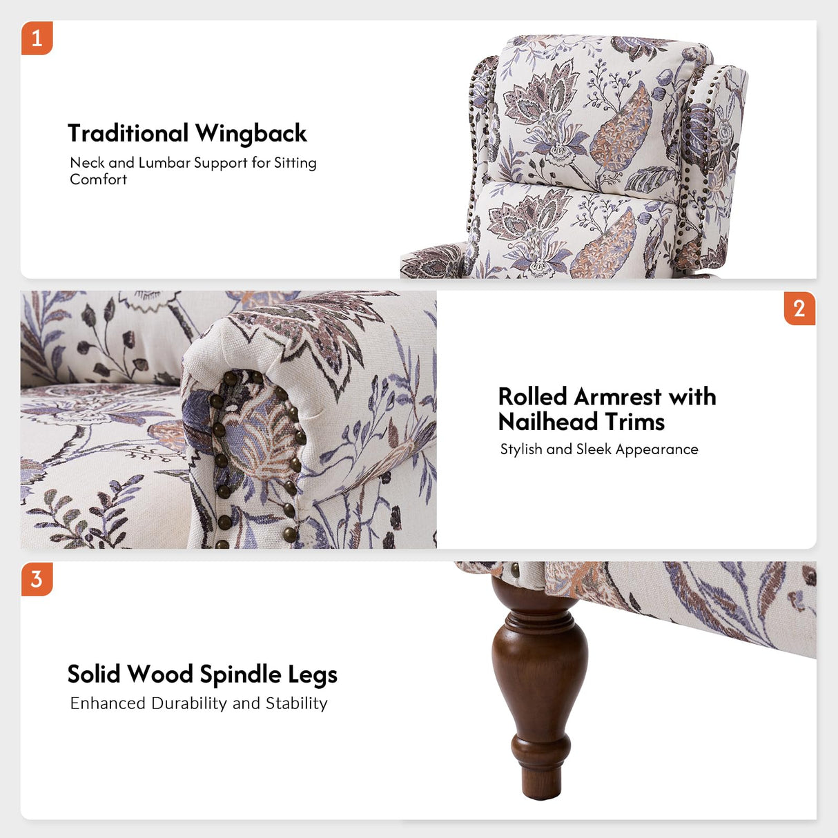 The support you need Pushback Recliner Chair, Upholstered Floral Fabric Wingback Chair, Single Sofa Accent Chair with Wood Legs and Rivet Decoration for Living Room Bedroom, Green The support you need