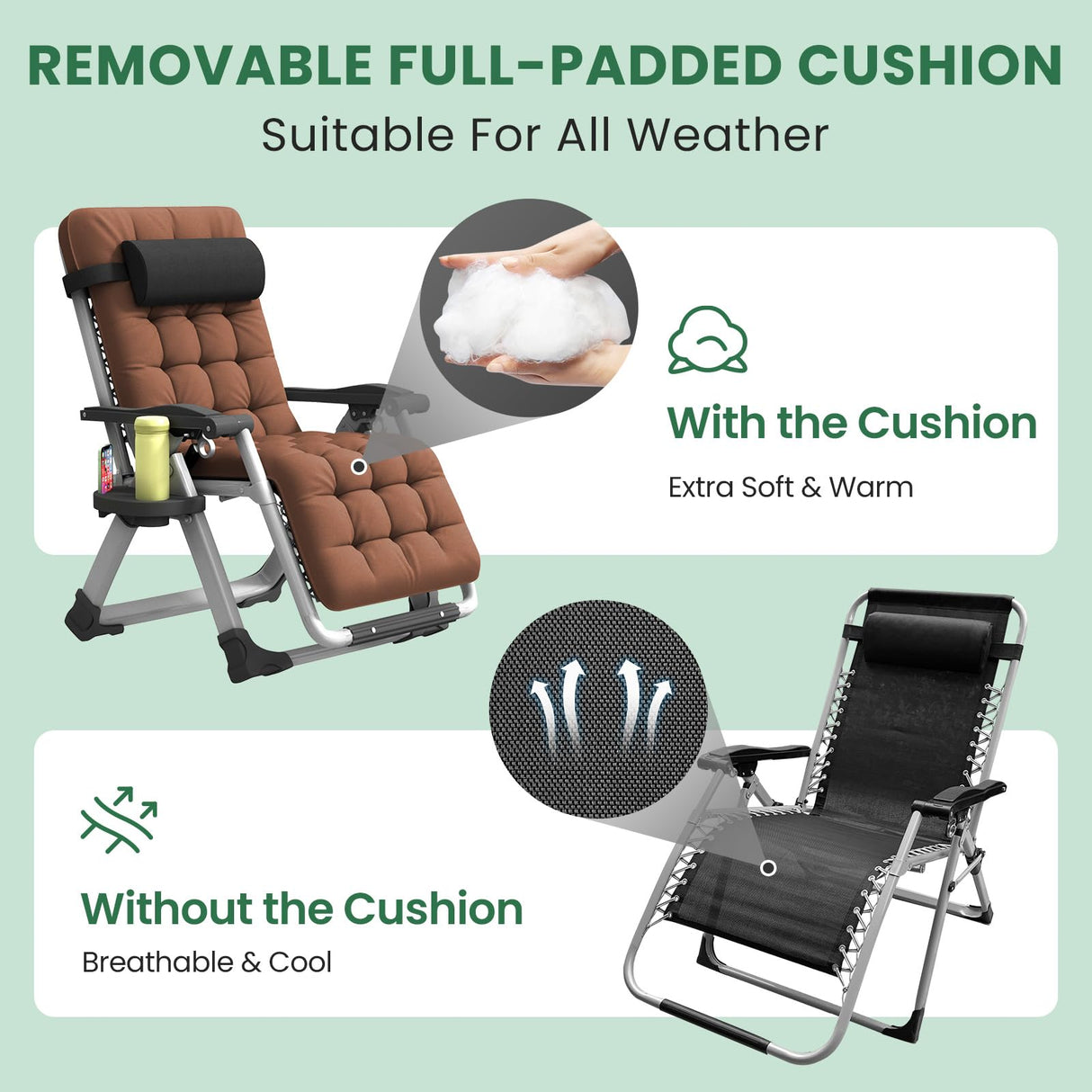 YOMIFUN Oversized Zero Gravity Chair, XL lounge Chair 29” Width, Padded Reclining Camping Chair W/Removable Cushion & Adj Headrest, Storage Bag, Footrest Cushion, Cup Holder, For Indoor Outdoor, Brown YOMIFUN