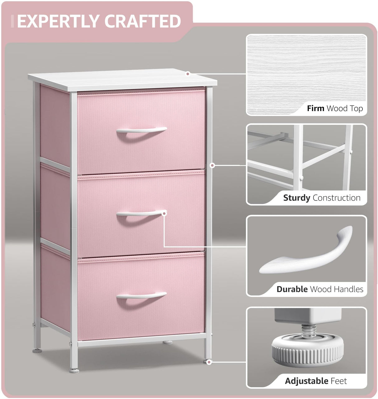 Sorbus Nightstand with 3 Drawers - Bedside Furniture & Accent End Table Chest for Home, Bedroom Accessories, Office, College Dorm, Steel Frame, Wood Top, Pastel Fabric Bins (Pink) Sorbus