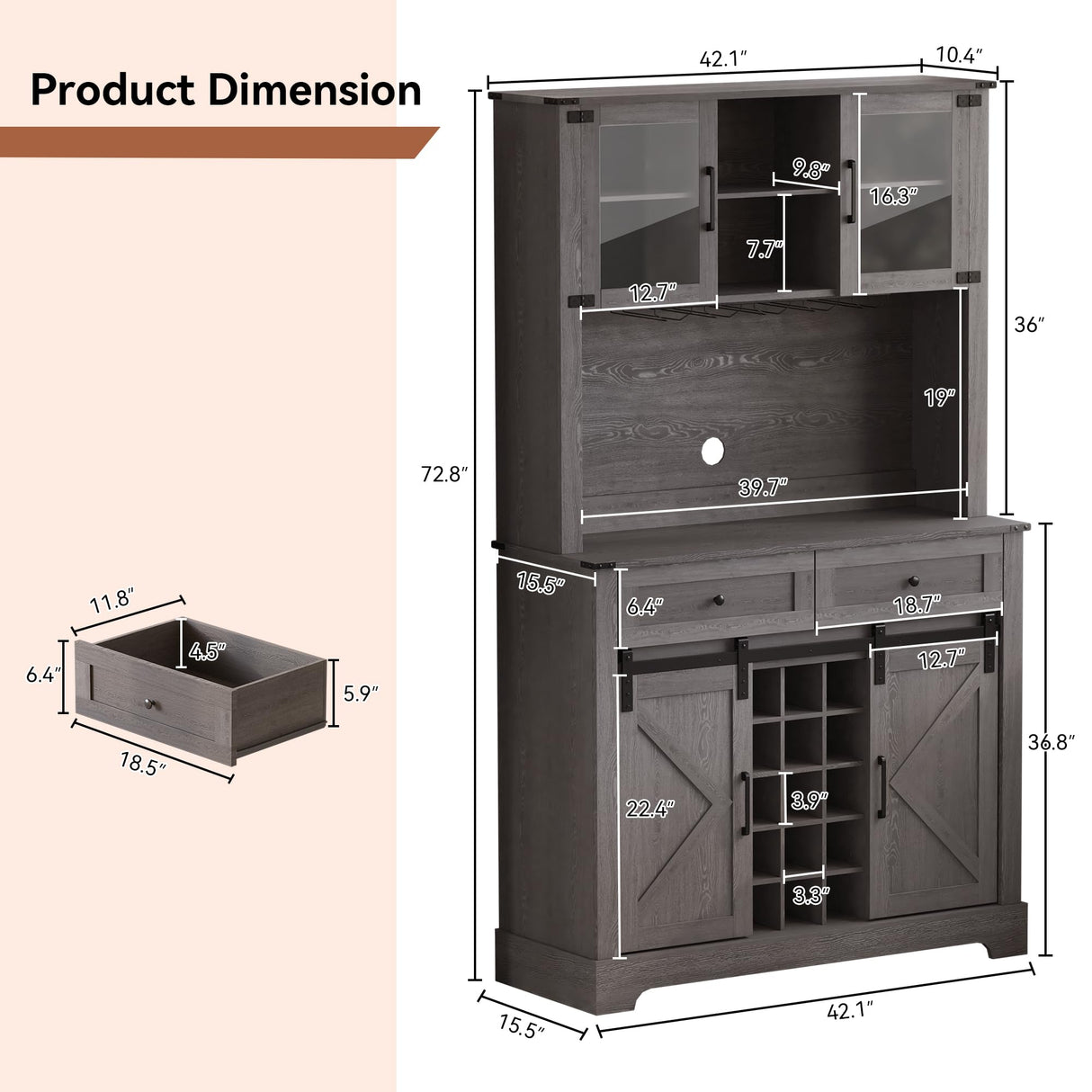 ARTPOWER Wine Bar Cabinet with Sliding Barn Door, 72" Hutch Cabinet with Wine&Glasses Rack, Tall Farmhouse Kitchen Pantry Buffet with Drawers for Dining Room, Gray ARTPOWER