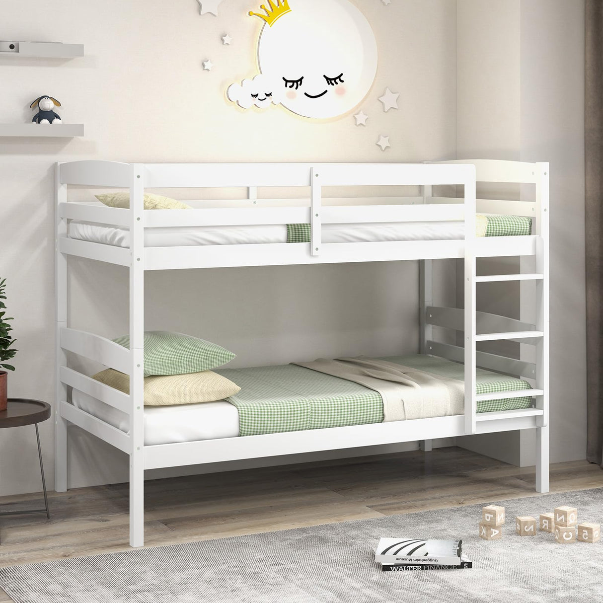 KOMFOTT Twin Over Twin Convertible Bunk Bed with Guardrail and Integrated Ladder - Space-Saving Solid Wood Design KOMFOTT