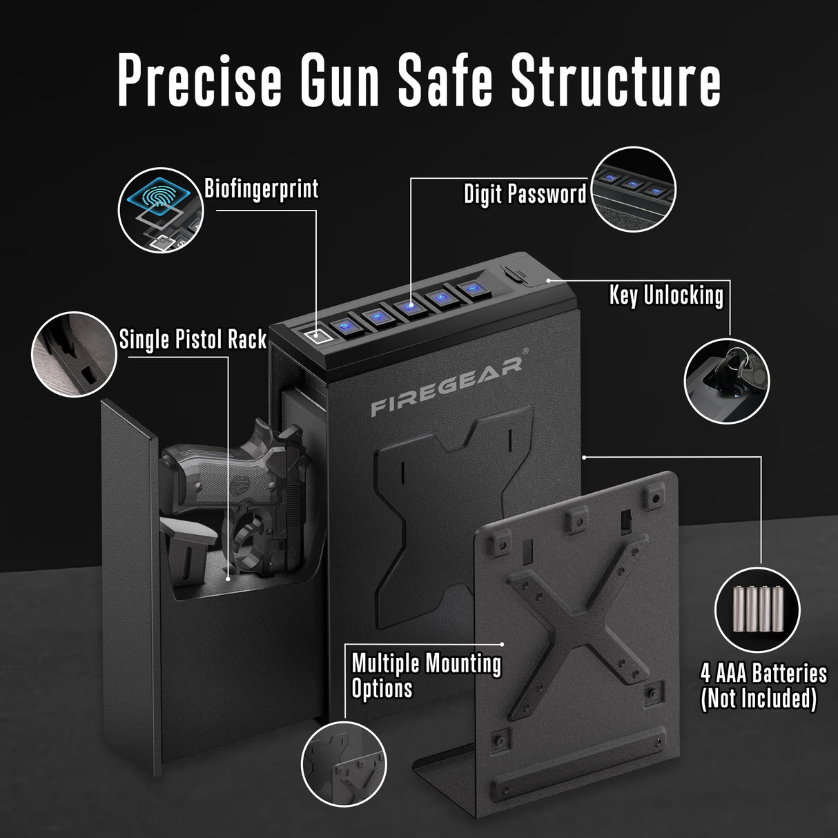 FIREGEAR Gun Safe Biometric Pistol Safe, Quick Access Handgun Safe, Safes for Handgun with Fingerprint, PIN Code, KEY, Mounted Nightstand and Gun Lock FIREGEAR