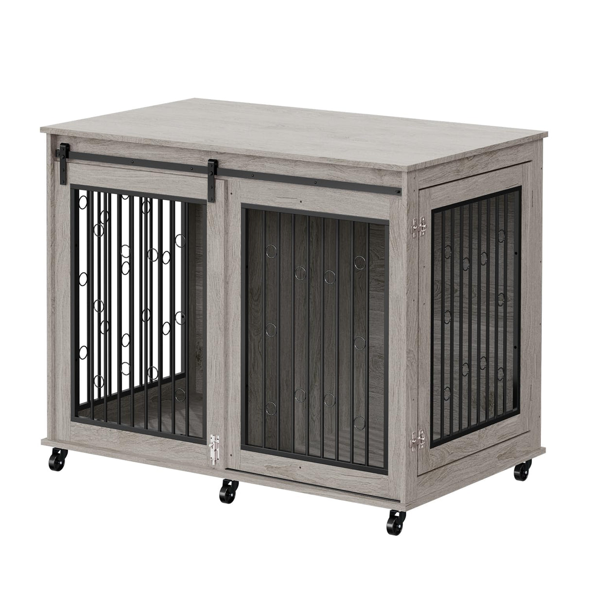 IchbinGo Large Dog Crate Furniture, 47" Wooden Dog Kennel with Sliding Barn Door, Flip-Top Lid & Wheels, Indoor Pet Crate Table with Detachable Divider for Small/Medium/Large Dogs (Rustic Grey) IchbinGo