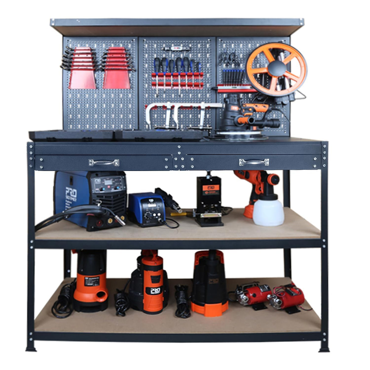 Prostormer 47.25 Inch Heavy Duty Workbench with Pegboard, Hooks, and Drawers - Sturdy Garage Work Table for DIY Projects, Home Workshop, and Tool Organization Prostormer
