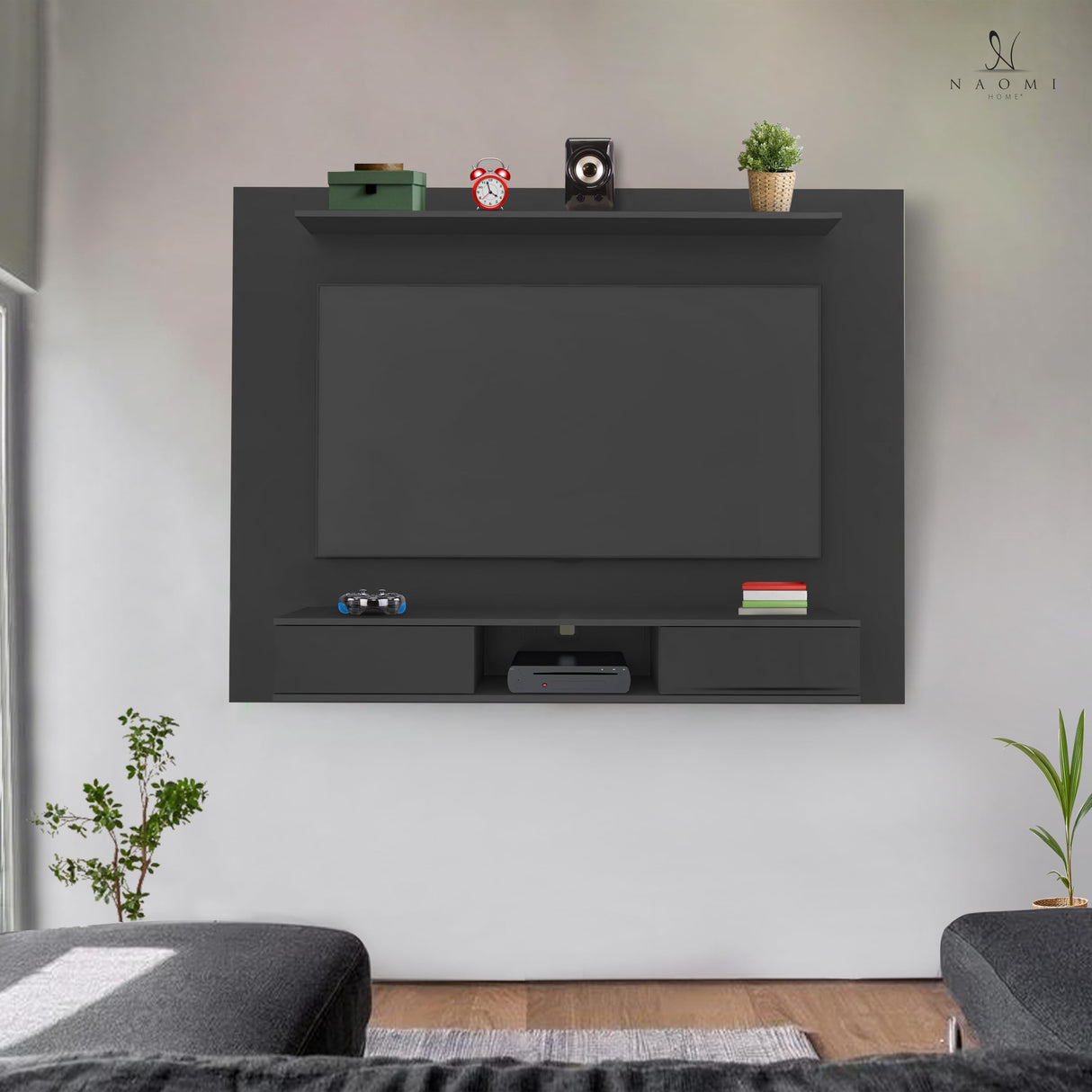 Naomi Home Zola Multi Storage Wall Media Center for up to 70 inch TVs, Entertainment Center with Storage, Floating TV Stand with 2 Sliding Doors and 2 Floating Wall Shelves, UV Painting Finish Black Naomi Home