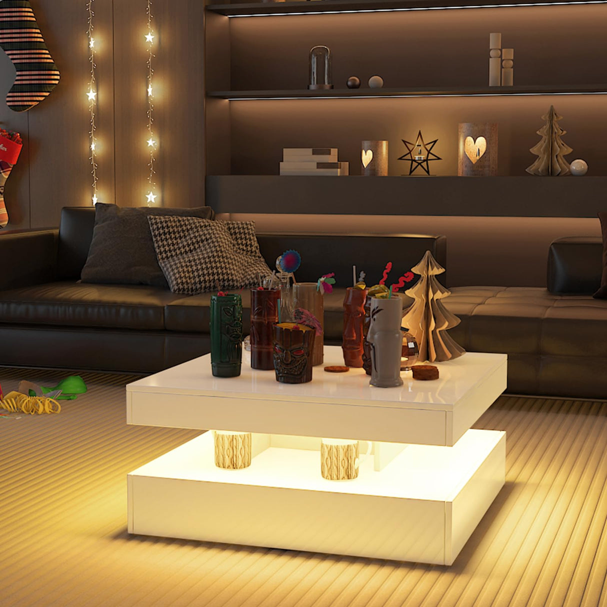 White LED Coffee Table for Living Room, Square Coffee Table with Lights, Lighted Cocktail Table, Mid Century Table with Lights, Modern Center Table with Storage, High Glossy Surface, 30 Inch WoodArtSupply