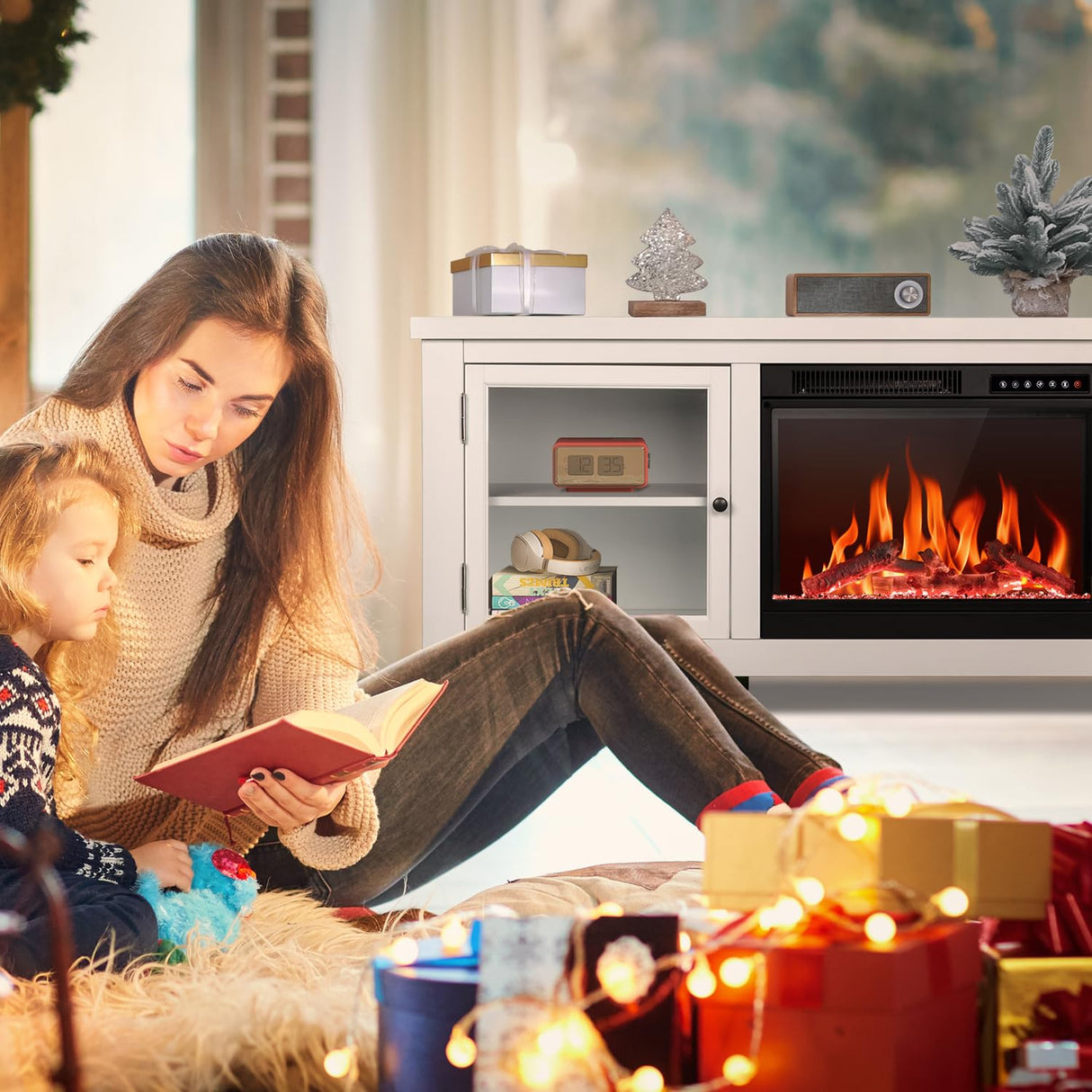 R.W.FLAME Fireplace TV Stand for 50 Inch TV,Modern Entertainment Center with 23" Electric Fireplace,Media Furniture for Living Room with Storage Cabinets, 48 Inch,White R.W.FLAME