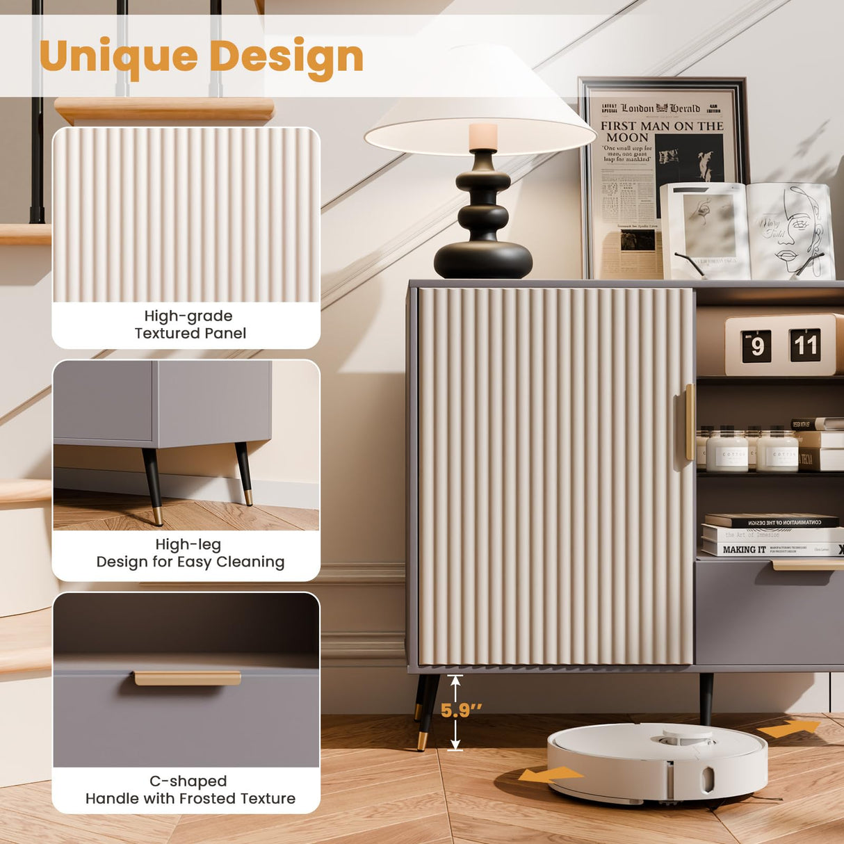 MODNEST 31" Fluted Sideboard Cabinet with Door and Drawer, Sideboard Buffet Cabinet with Storage, Coffee Bar with Adjustable Shelves for Kitchen, Living Room, Entryway, 31.5"x15.7"x31.5", Grey MODNEST