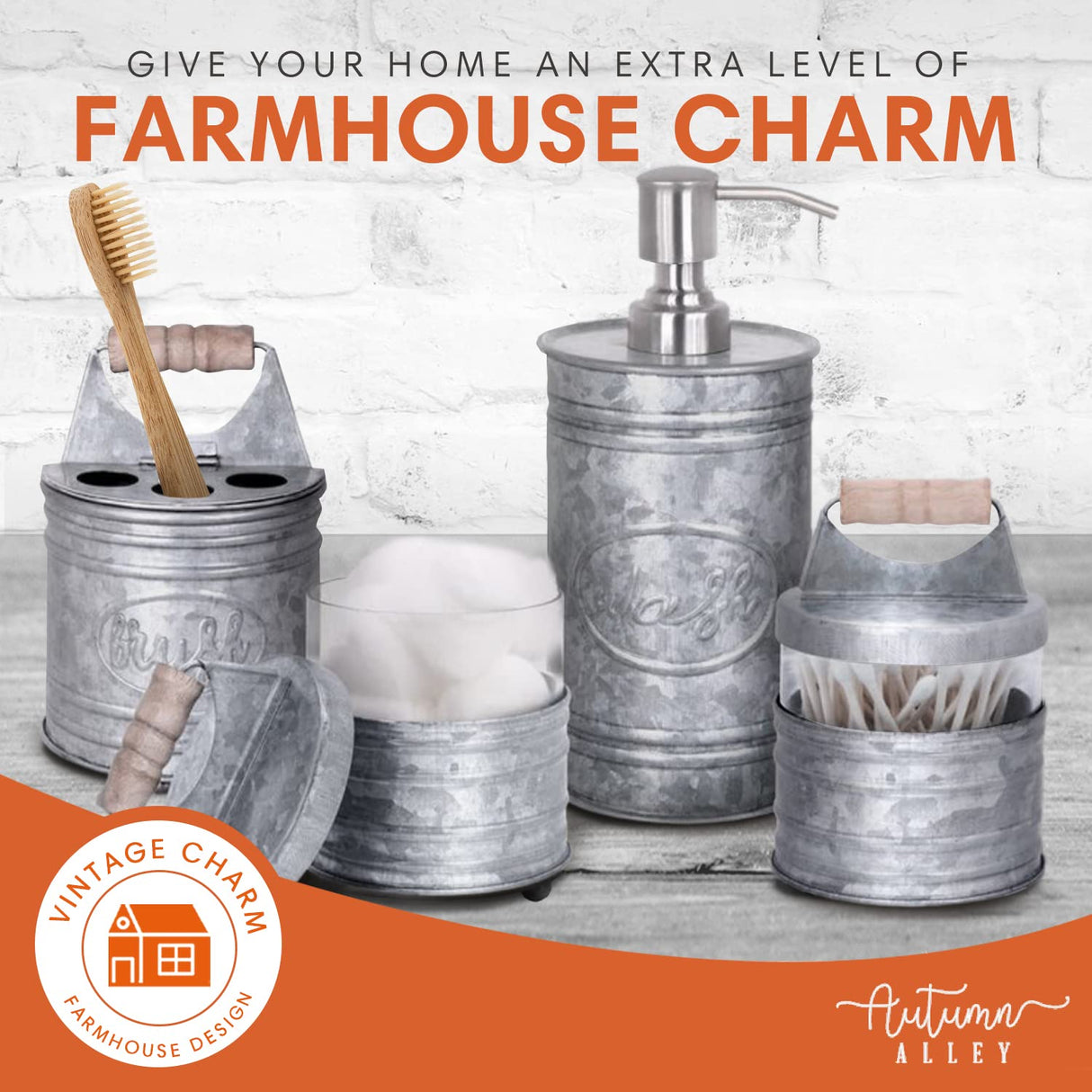 Autumn Alley Rustic Bathroom Accessories Set 4 - Galvanized Soap Dispenser, Rustic Toothbrush Holder, 2 Apothecary Jars Qtip Holder - Rustic Bathroom Decor – Farmhouse Bathroom Accessories Autumn Alley
