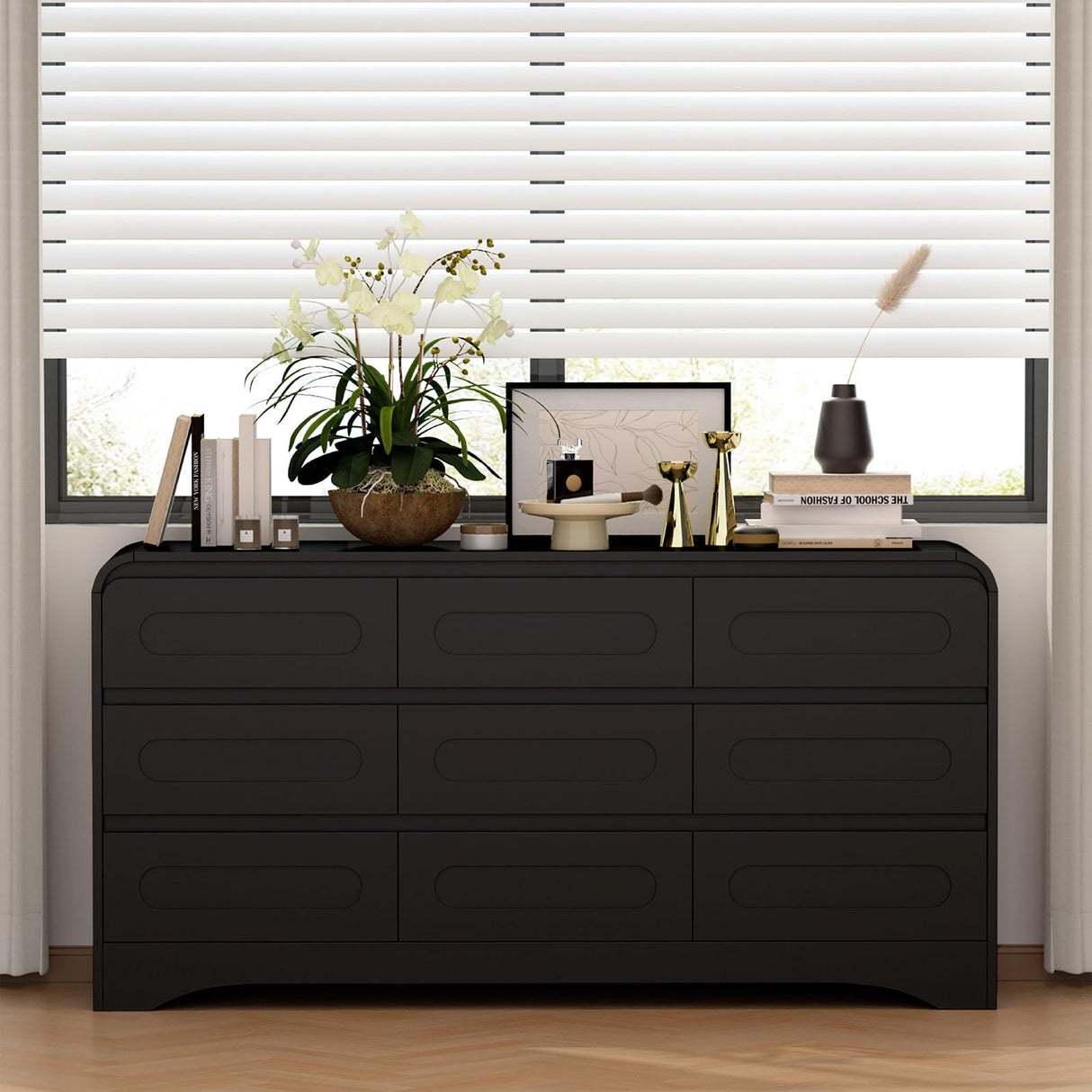 Dresser for Bedroom with 9 Drawers, 63" Large Modern Dressers & Chest of Drawers with Curved Profile Design, Wood Closet Clothes Storage Long Dressers Organizer for Bedroom Living Room Hallway, Black SOLACE FURNITURE