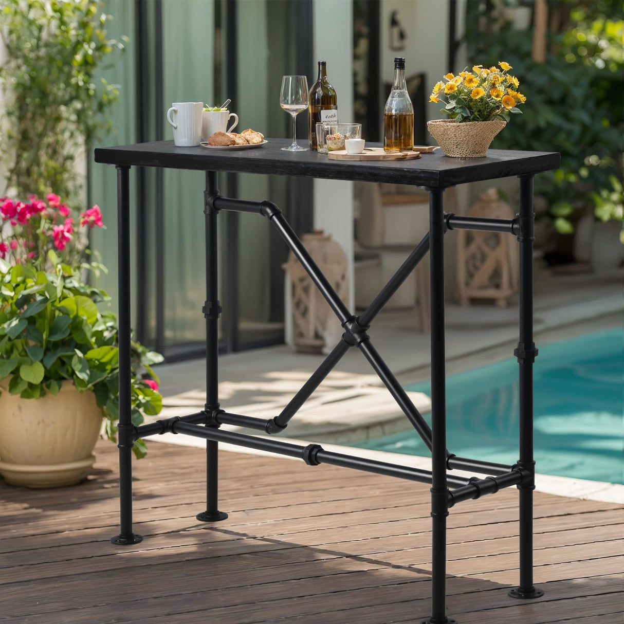 Narrow Industrial Bar Table in Rustic Walnut - 47.24" High Top for Small Spaces LOKKHAN