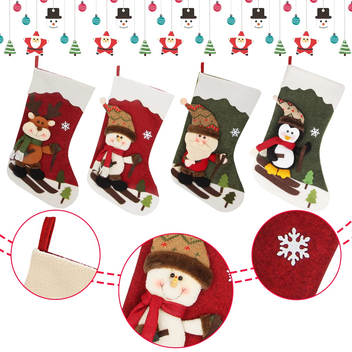 Dreampark Christmas Stockings 4 Pack 18" Big Xmas Stockings Decoration - Santa Snowman Reindeer Penguin Family Stockings for Home Decor Set of 4 Dreampark