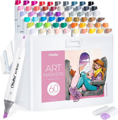 Ohuhu Alcohol Markers: 60 Colors Slim Broad and Fine Double Tipped Kaala Marker for Artists Adults Coloring Drawing Cartoon Anime Comic - Professional Art Pens with Ink Refillable Giftable Pen Set