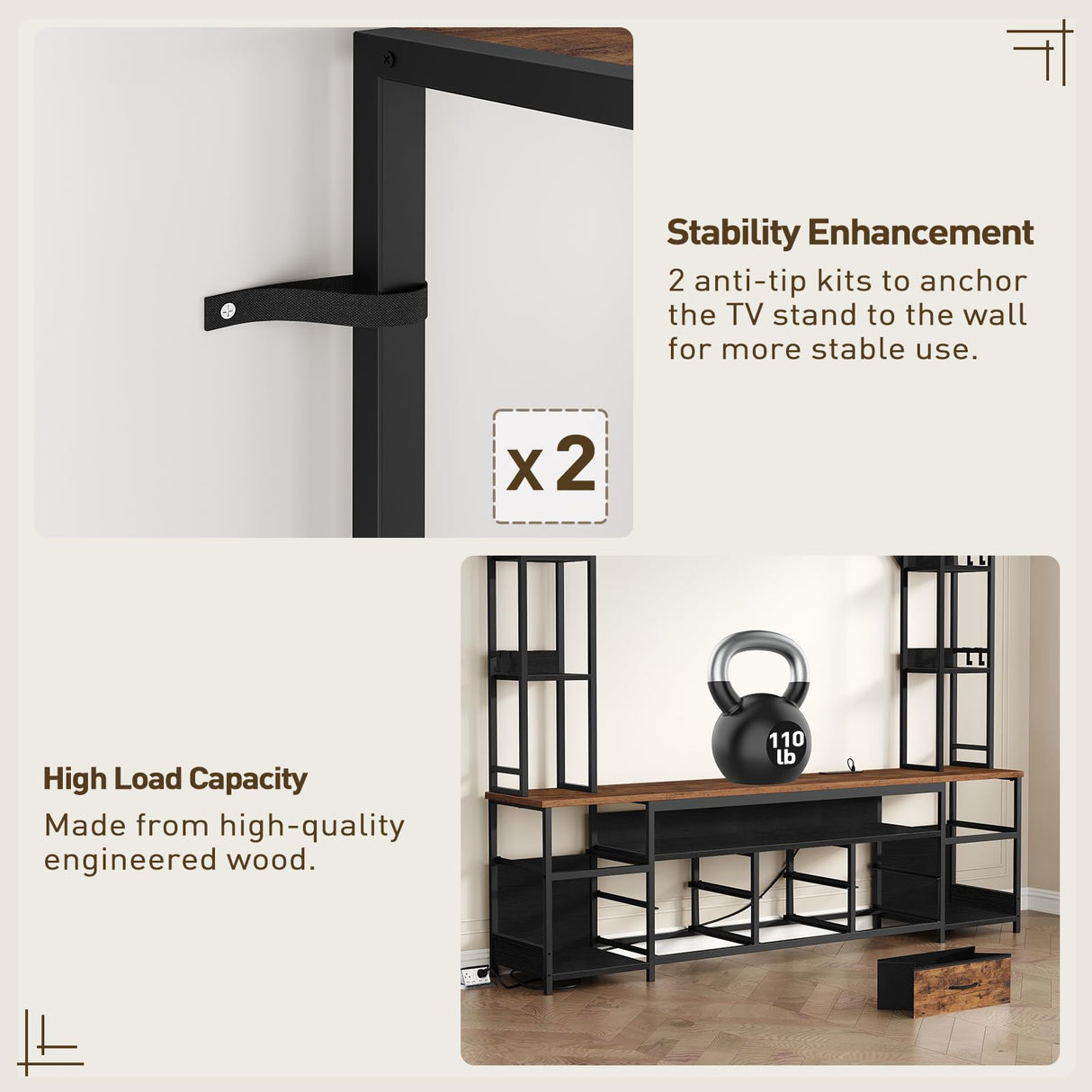 RALGEND TV Stand with Power Outlets to 65 Inches, LED Large Wall Unit Entertainment Center with Bookshelf, Dresser TV Stand with 8 PU Drawer, for Living Room, Bedroom, Rustic Brown and Black RALGEND