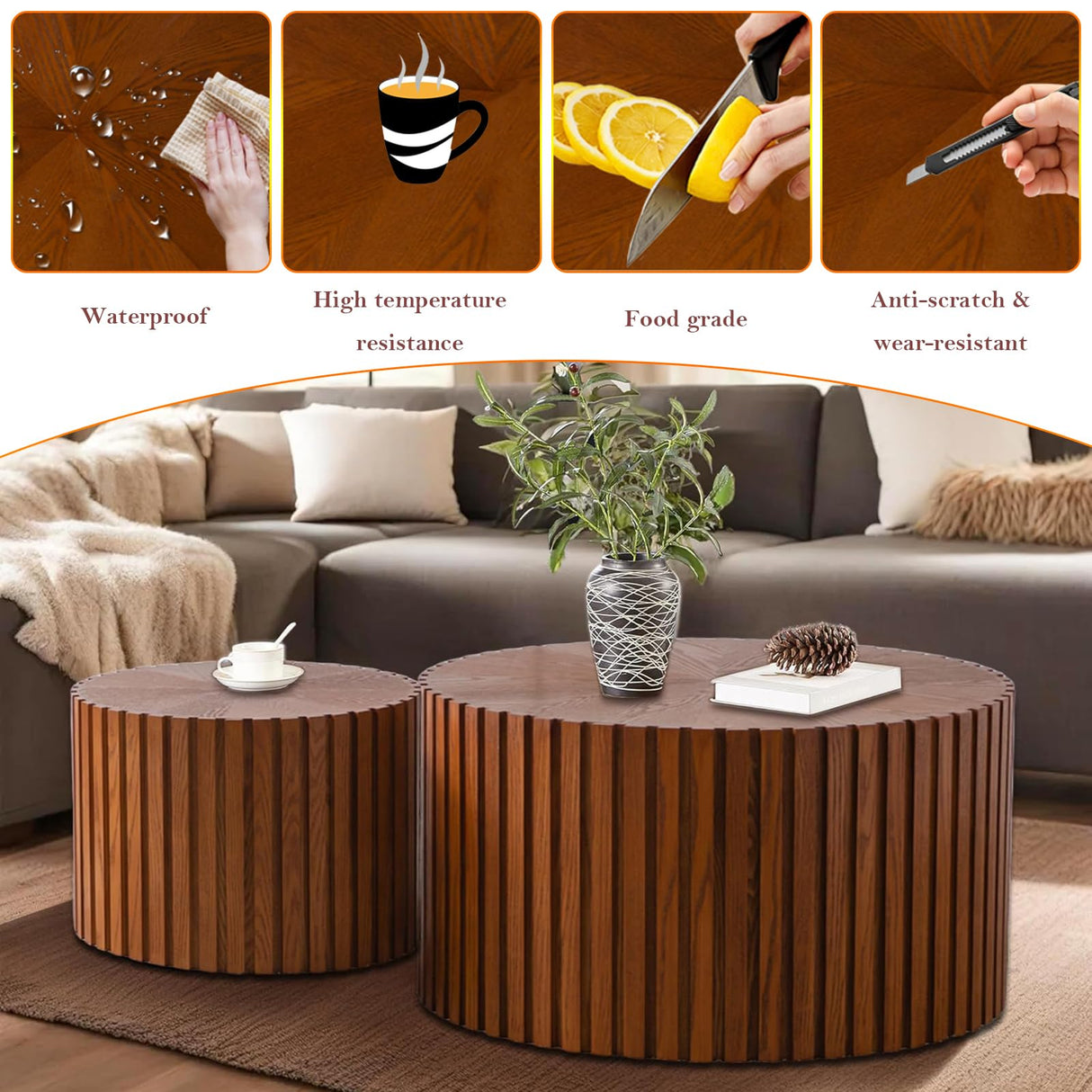 Handcraft Round Nesting Coffee Table - Chic Wave Stripe Edge, Modern Stylish Walnut Wooden Circle Fluted Center Table for Living Room (27.6in+19.7in) Generic