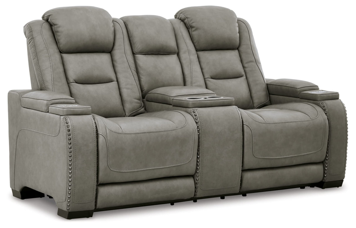 Signature Design by Ashley The Man-Den Leather Power Reclining Loveseat with Center Console, Adjustable Headrest & Wireless Charging, Gray Signature Design by Ashley