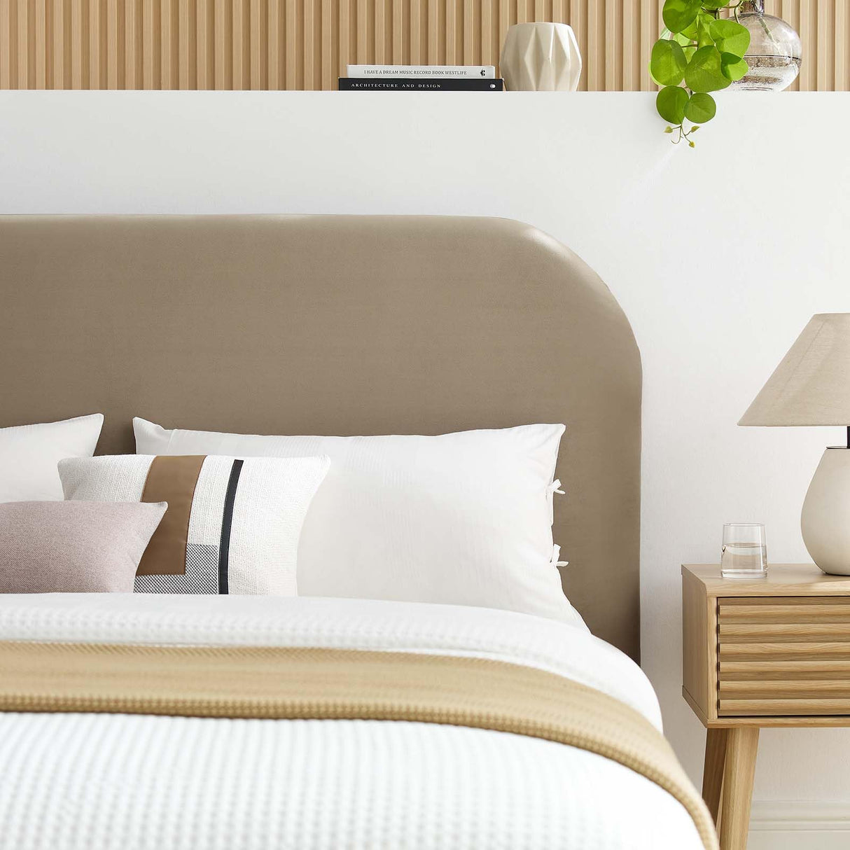 Modway Keynote Modern King Size Bed Frame with Curve Shaped Headboard in Taupe, Upholstered Performance Velvet King Platform Bed, Soft Cloud Bed Frame, No Box Spring Needed Modway