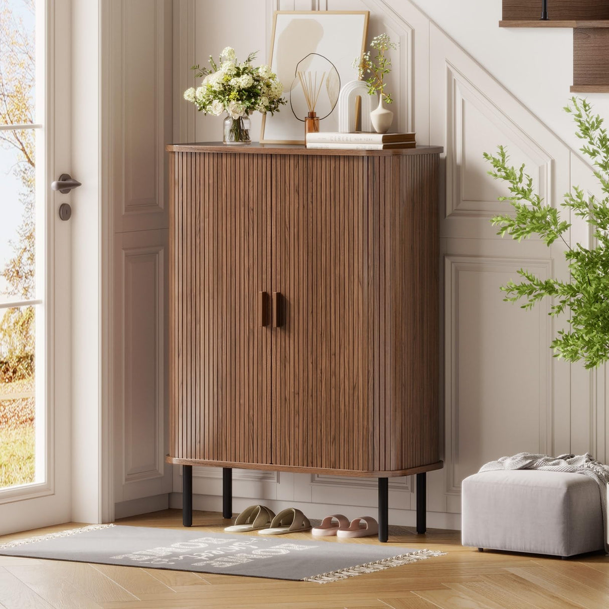 ONBRILL 6-Tier Shoe Cabinet with Sliding Door, Wooden Shoe Storage Cabinet with Adjustable Shelves, Mid-Century Modern Freestanding Shoe Storage Organizer for Entryway, Hallway, Living Room, Walnut ONBRILL