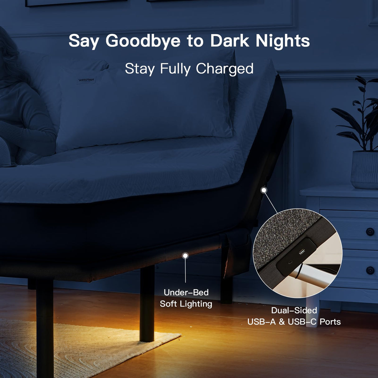 Pipishell Split King Adjustable Bed Frame with Massage, Electric Bed Base with App-Controlled, Head & Foot Incline, 4 USB Ports, LED Under-Bed Lighting, 4 Leg Height Options Pipishell