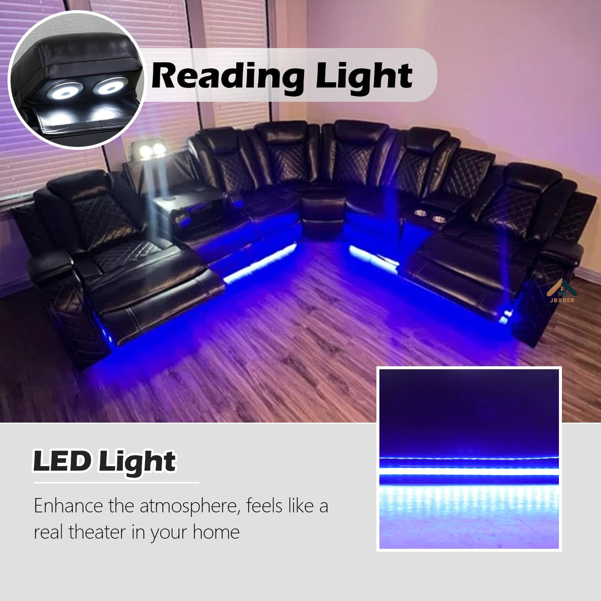 JBXBER Power Recliner Sectional Sofa Set with LED Lights, Leather Reclining Sectional Couch Sets with USB Ports, Cup Holders, Storage Console, L-Shaped Home Theater Seating for Living Room(Black) JBXBER