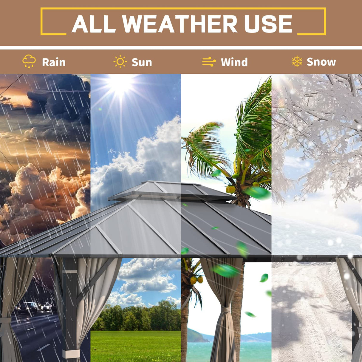 EROMMY 12'x14' Permanent Hardtop Gazebo with 12'x10' Outdoor Pergola, Metal Steel Canopy with Aluminum Composite Roof for Patio Lawn and Garden, Curtains and Netting are Included, Grey EROMMY