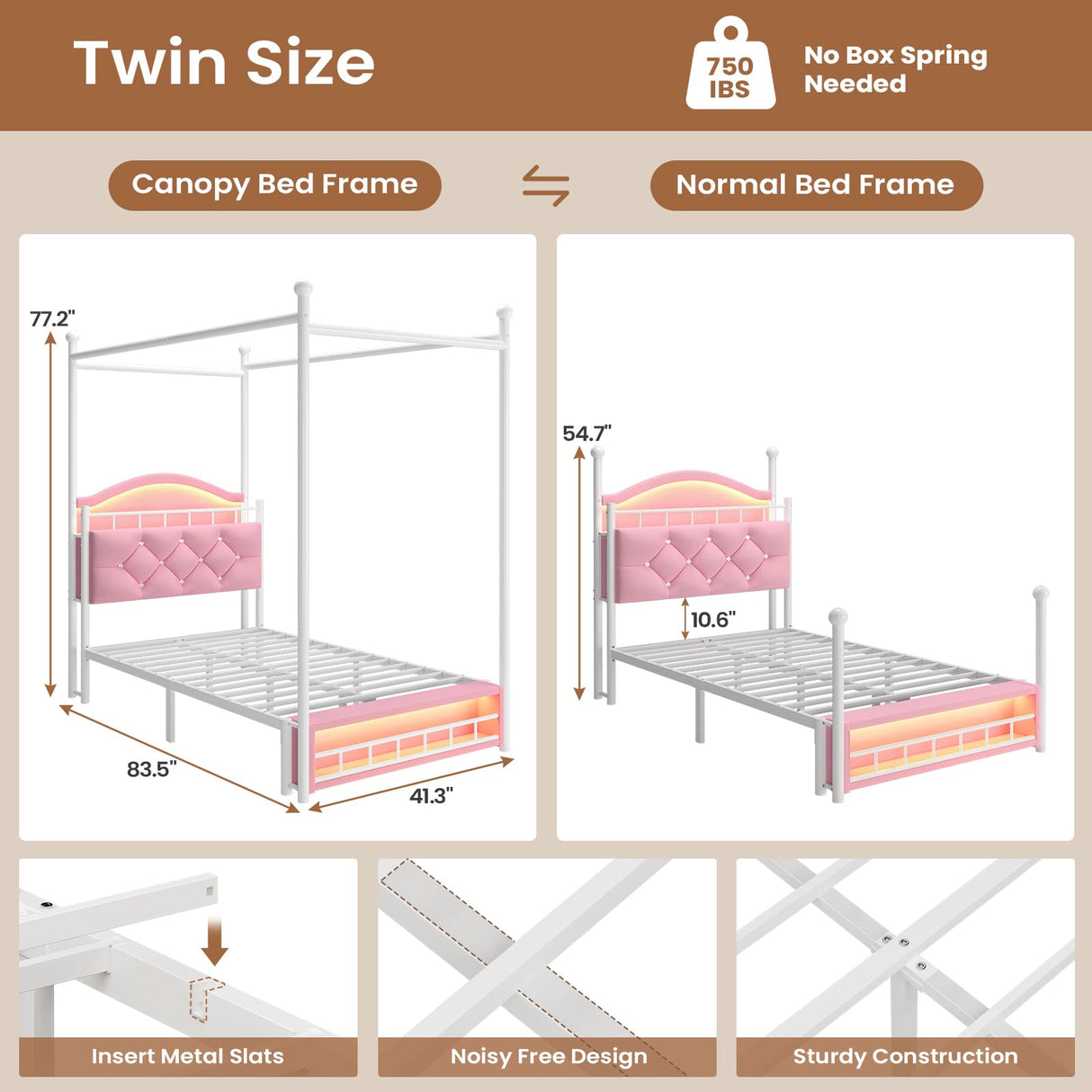 ADORNEVE Twin Canopy Bed Frame with LED Lights and Charging Station, Velvet Upholstered Platform Bed for Girls,Headboard with Charging Station & Guardrail & Crystal Button,Pink ADORNEVE