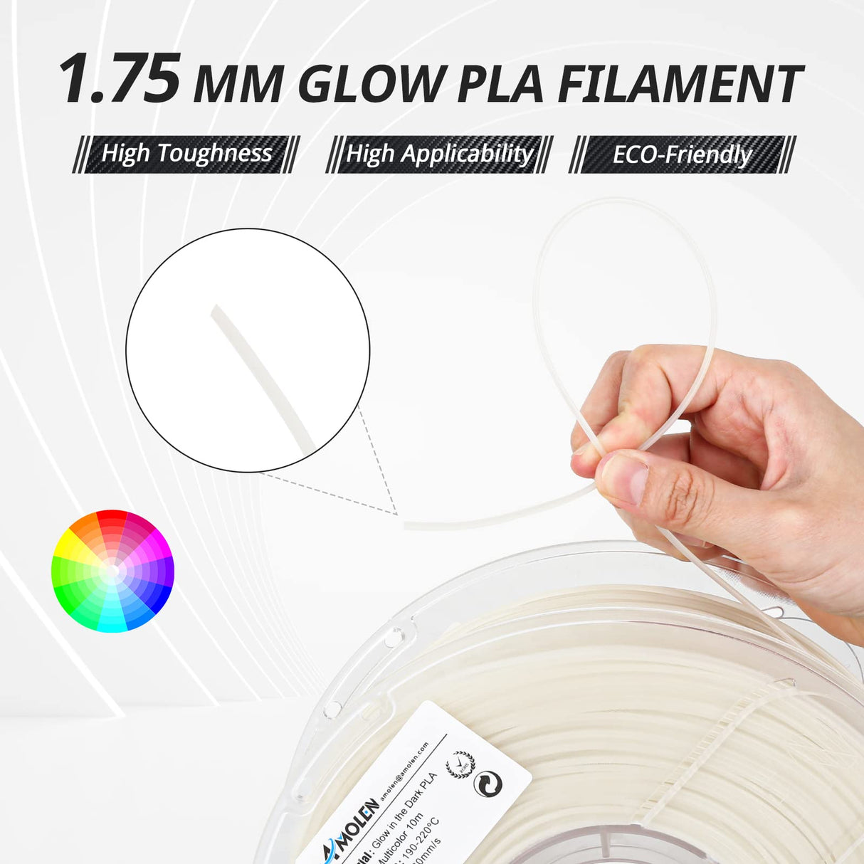 AMOLEN 3D Printer Filament, Glow in The Dark Filament Multicolor Rainbow PLA Filament, Blue, Green, Pink, Purple, Gradient 3D Filament Color Change in 10m, Dimensional Accuracy +/- 0.02 mm, 1kg Spool AMOLEN