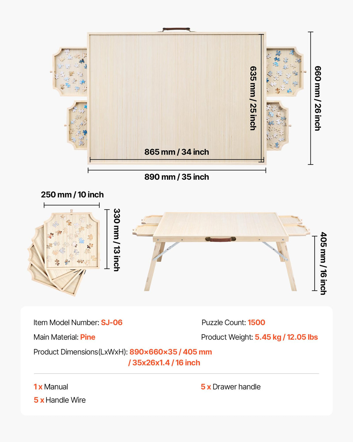 VEVOR 1500 Piece Puzzle Table with Folding Legs, 4 Drawers and Cover, 34x25 in Portable Wooden Board, Jigsaw Puzzle Accessories for Adults, Organizer & Storage System, Birthday Gift for Mom VEVOR