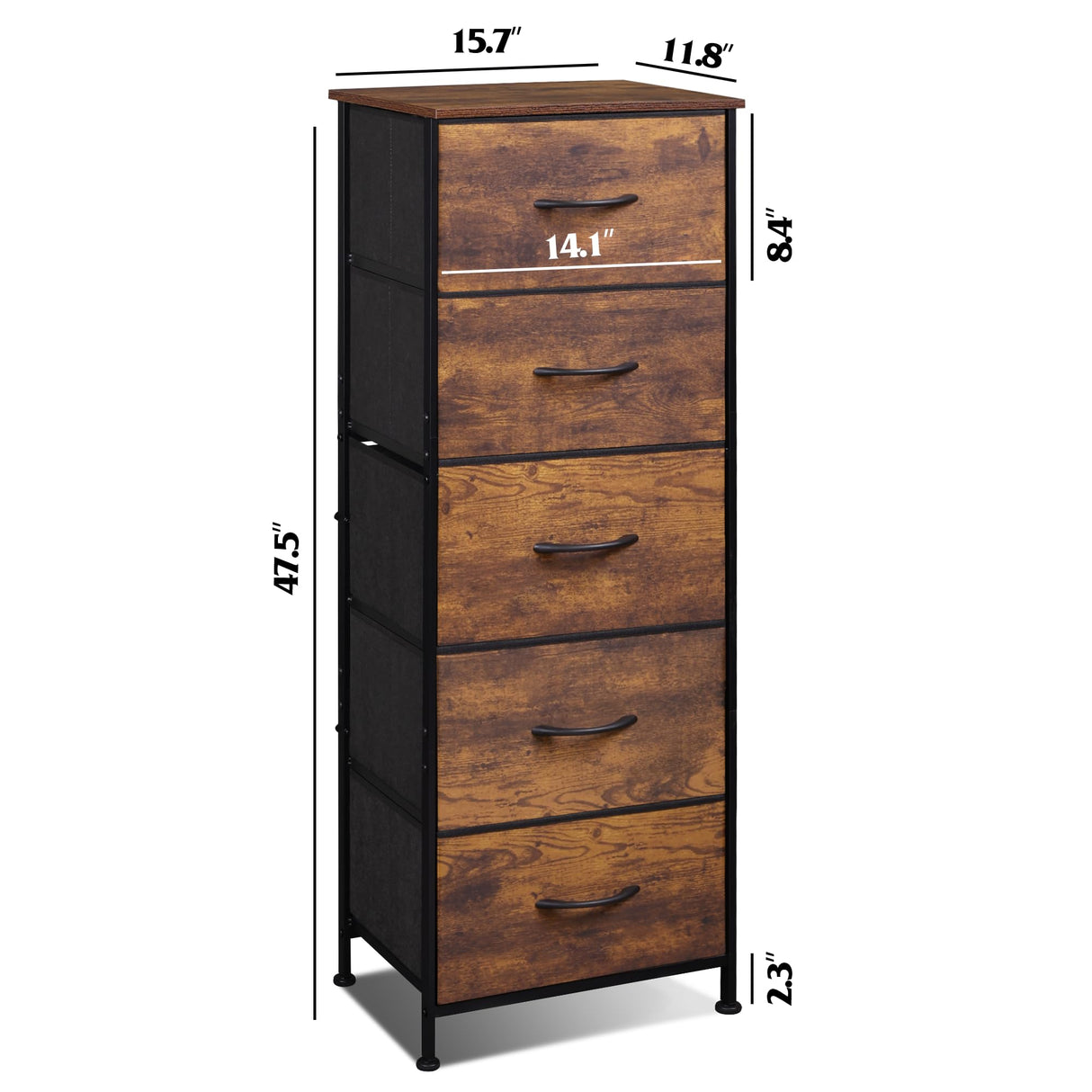 WLIVE Fabric Dresser, 5-Drawer Tall Dresser for Bedroom, Storage Dresser Organizer with Fabric Bins, Wood Top, Sturdy Steel Frame, Chest of Drawers for Closet, Hallway, Rustic Brown Wood Grain Print WLIVE