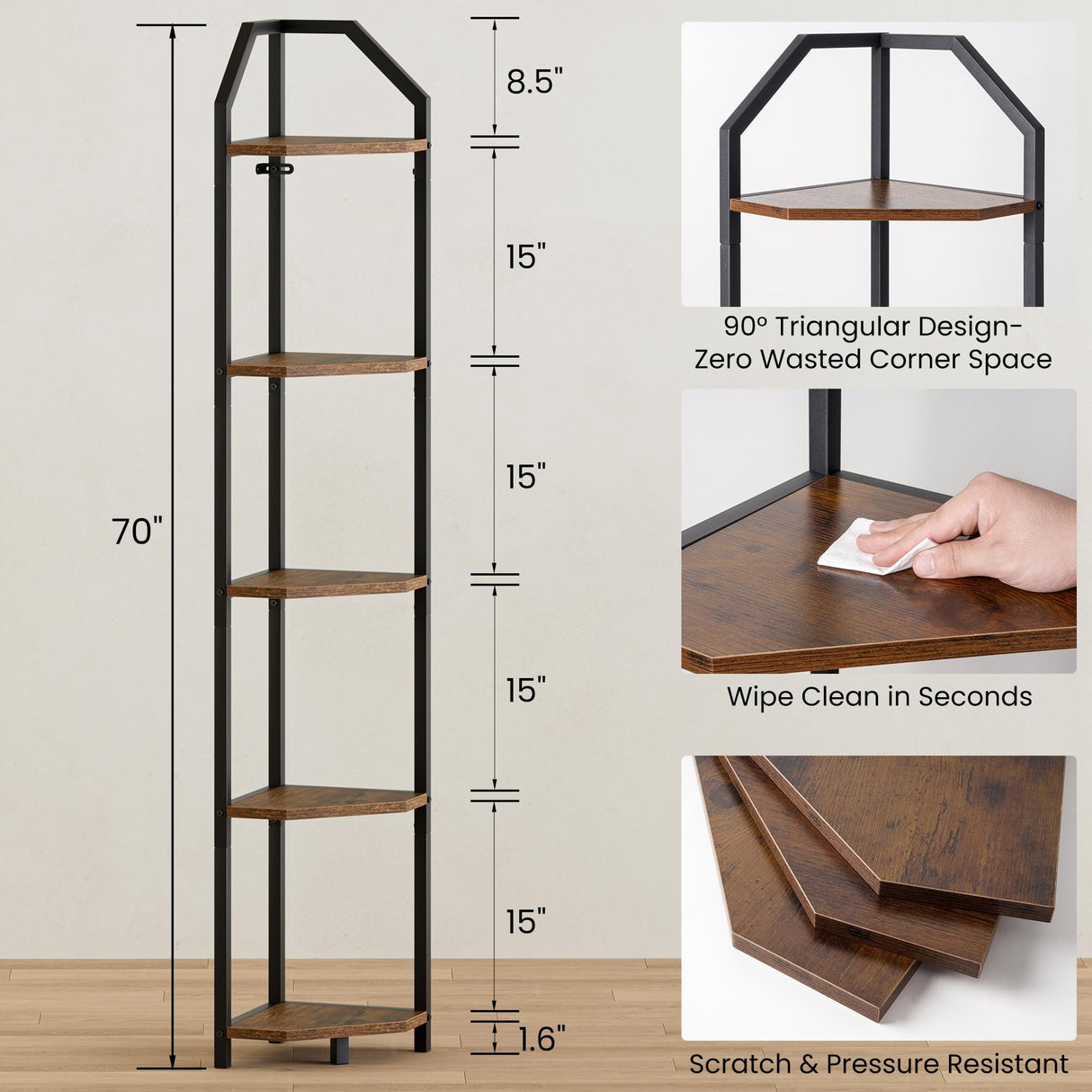 5-Tier Corner Shelf | 70 Inch Tall Bookshelf & Plant Stand, Heavy Duty Storage for Home Office & Living Room - Brown Realgulf