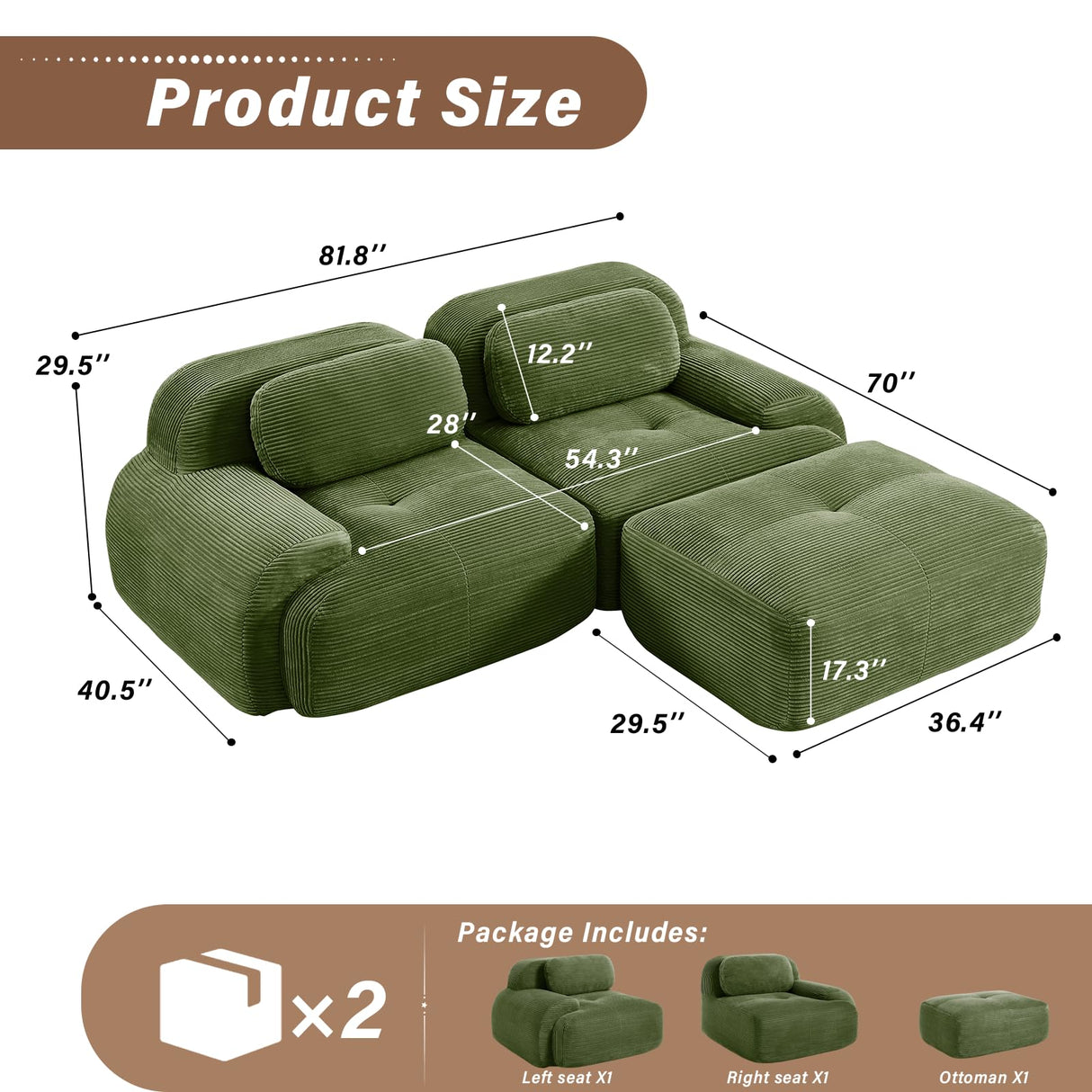 SoarFlash 81” Sectional Cloud Boneless Sofa Couches for Living Room-2 Seater L-Shaped Modern Lounge Couch-No Assembly Modular Corduroy Convertible Sponge Sleeper Sofas with Chaise for Home House,Green SoarFlash