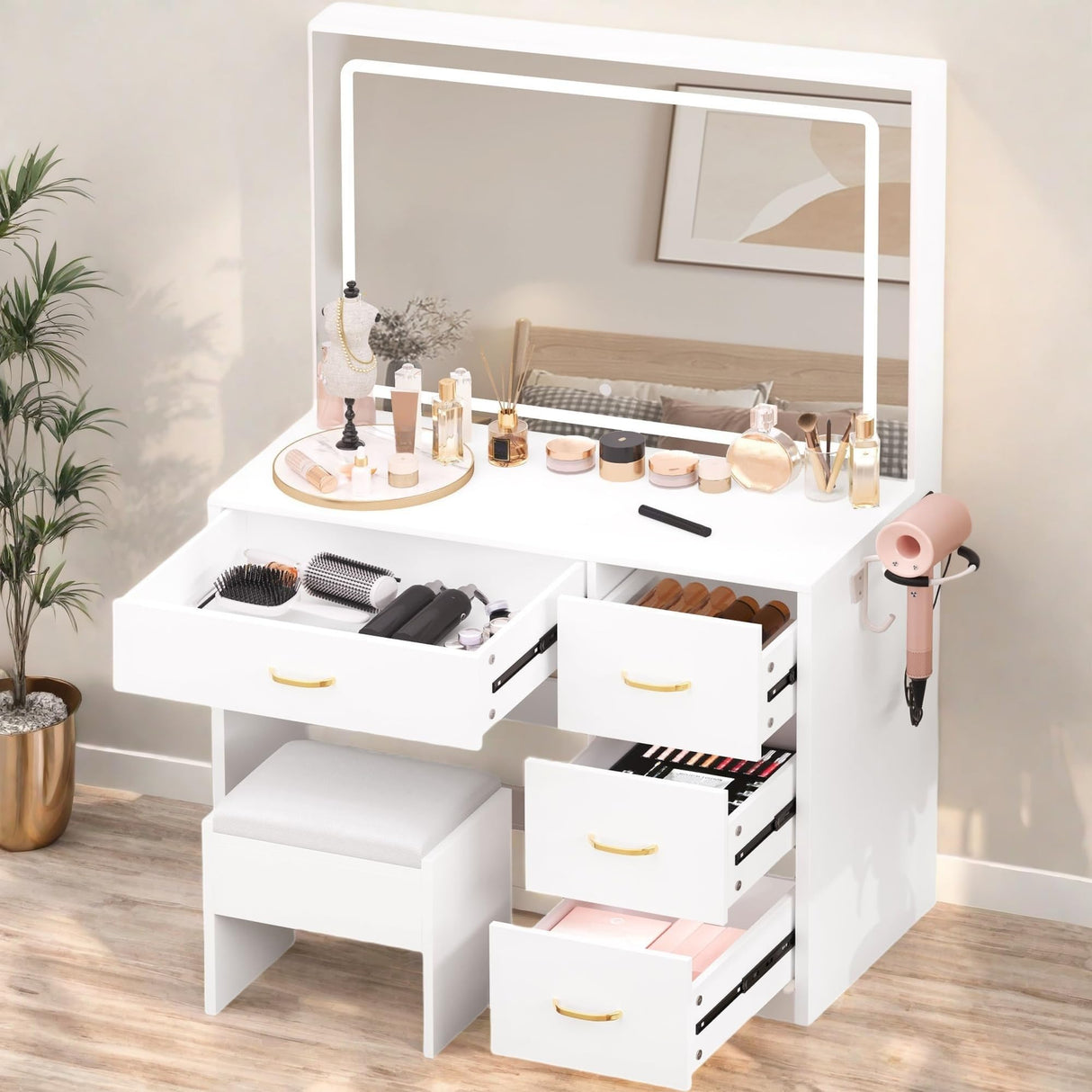 YITAHOME Vanity Desk with Large 35" Mirror and LED Lights, Makeup Vanity Set with 4 Drawers and Stool, Ample Storage & Power Strip, Brightness Adjustable, Dressing Table, Milk White YITAHOME
