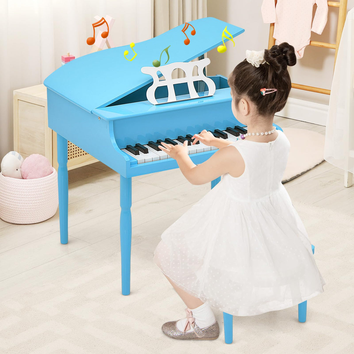 Goplus 30-Key Classical Kids Piano, Mini Grand Piano Wooden Learn-to-Play Musical Instrument Toy with Bench, Piano Lid, Music Rack, Gift for Boys Goplus