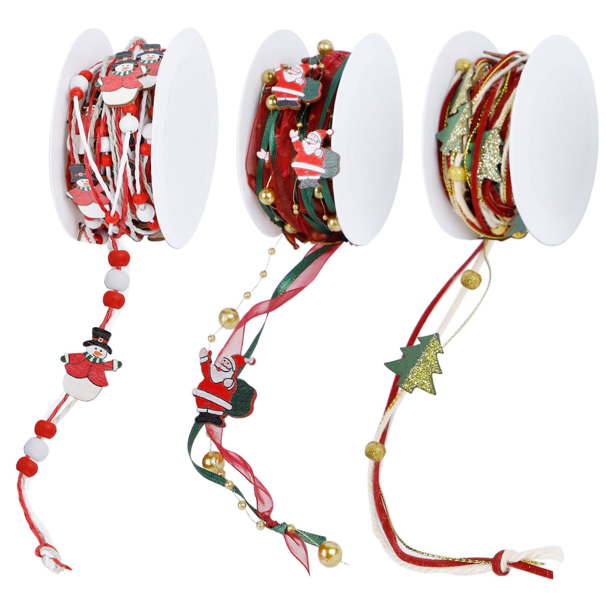 winemana 3 Pack 16.4 Ft Christmas Beads Ribbon, Christmas Tree Trim Rope with Santa Claus Snowman, Xmas Decorations for Garland, Wreath, Gift Wrapping, DIY Crafts Ornaments, Wedding Party Decor winemana