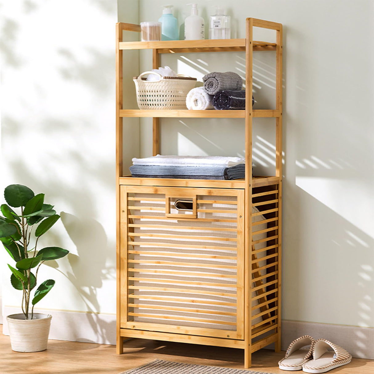 Bamboo Tilt-Out Laundry Hamper with Shelf & Removable Liner, 4 Tiers Freestanding Laundry Shelf Bathroom Storage Shelf Cabinet with Storage Basket for Bedroom Bathroom BuufuS
