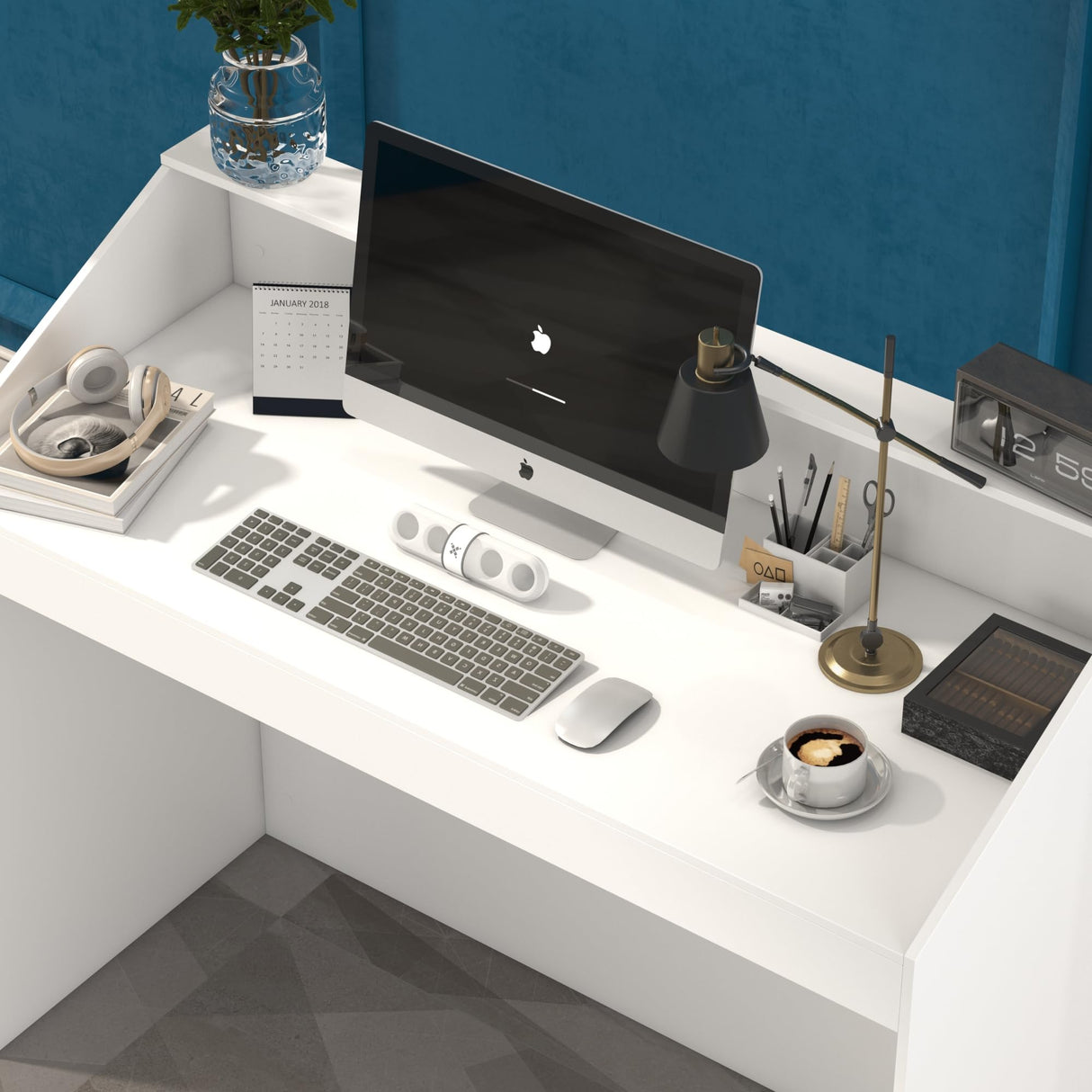 ECACAD Reception Desk with Counter, Office Desk with Modern Pattern, Retail Checkout Counter Table for Clinic Lobby Salon Office, White ECACAD