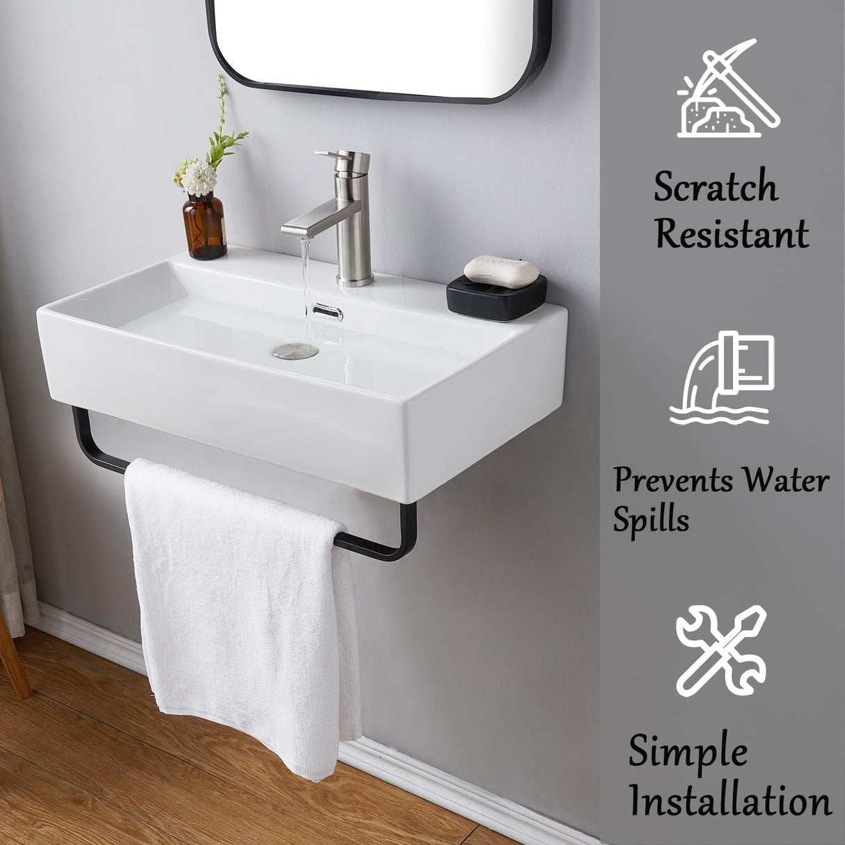 VCCUCINE 24"x14"Wall Mounted Bathroom Vessel Sink with Towel Rack,Wall Hung Porcelain Ceramic Sink,White Floating Rectangular Lavatory Vanity Small Bathroom Sink With Single Faucet Hole and Overflow VC CUCINE