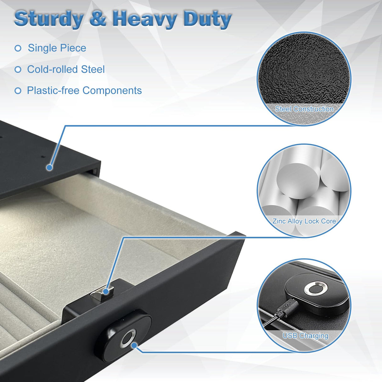 SAFEACET Biometric Drawer Pistol Safe Steel, Quick Access Under Desk Smart Gun Safe Box with LED Light, for Home Store Nightstand Jewelry Handgun Organizer SAFEACET