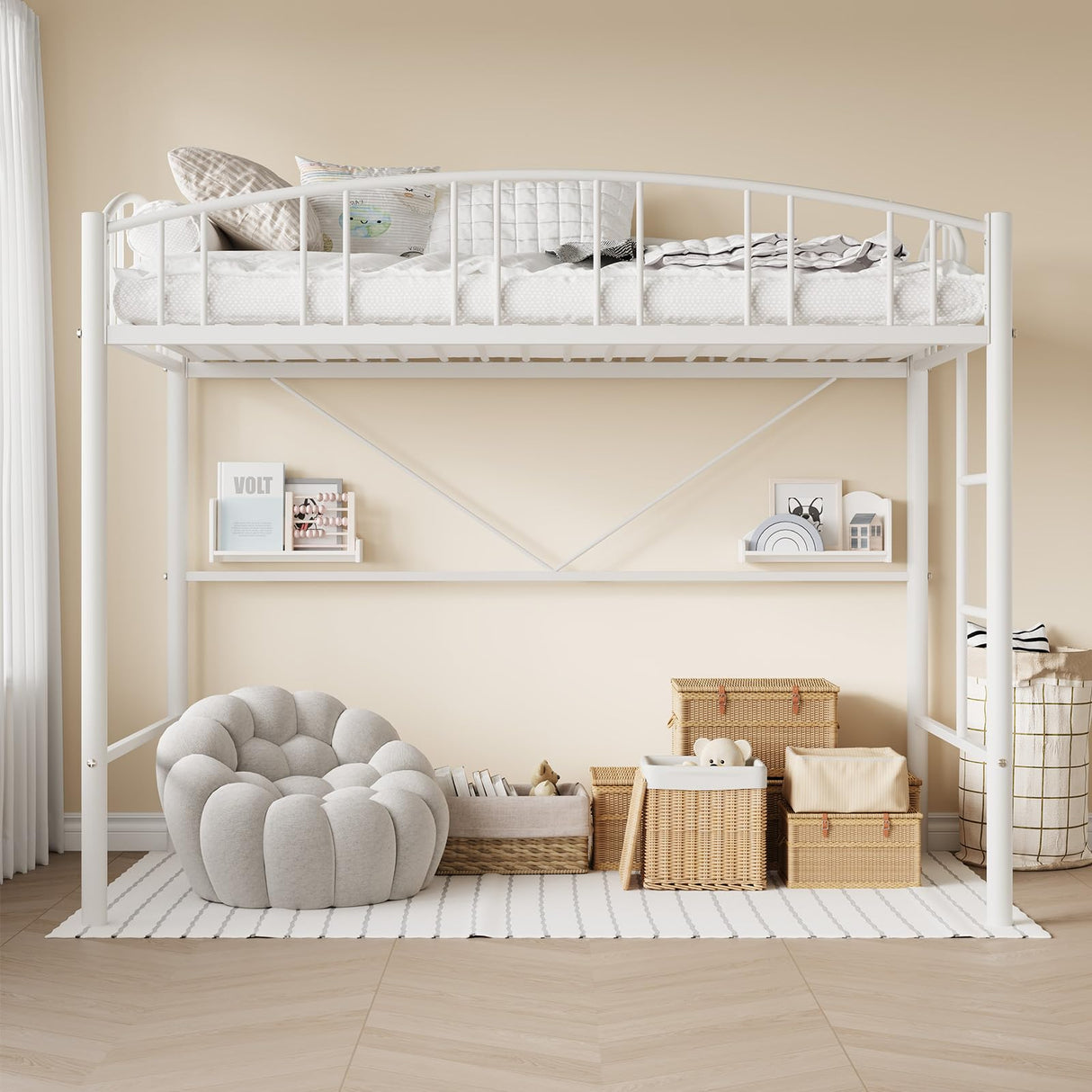 GarveeHome Loft Bed Twin Size, Heavy Duty Metal Loft Bed Frame with Arched Guardrail and Safety Ladder, Space-Saving, No Box Spring Needed, Modern White GarveeHome