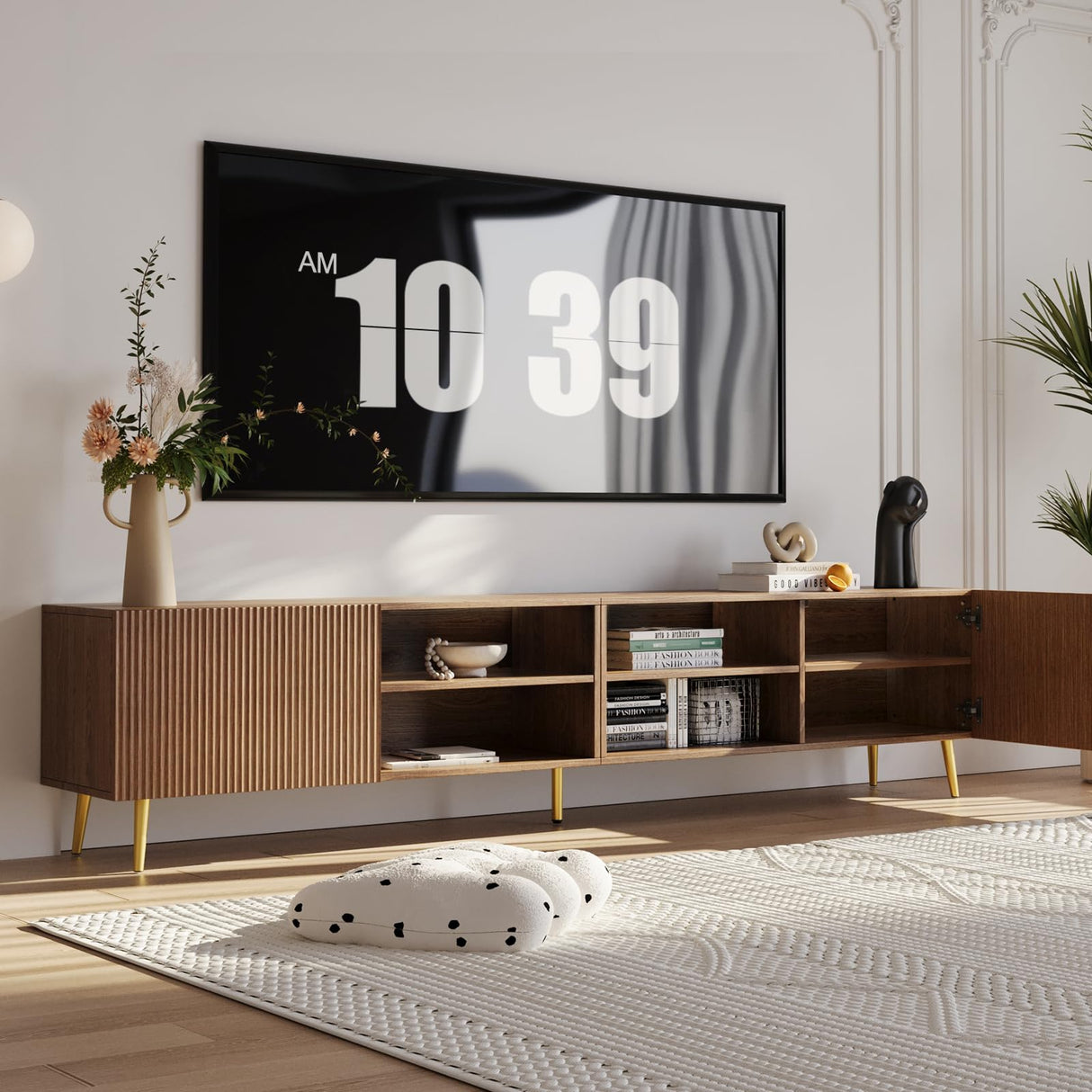 KIMOLST Modern 86in TV Stand for Living Room, Fluted Design Entertainment Center with Adjustable Shelves,Media TV Console Table with Storage for Bedroom,Natural KIMOLST